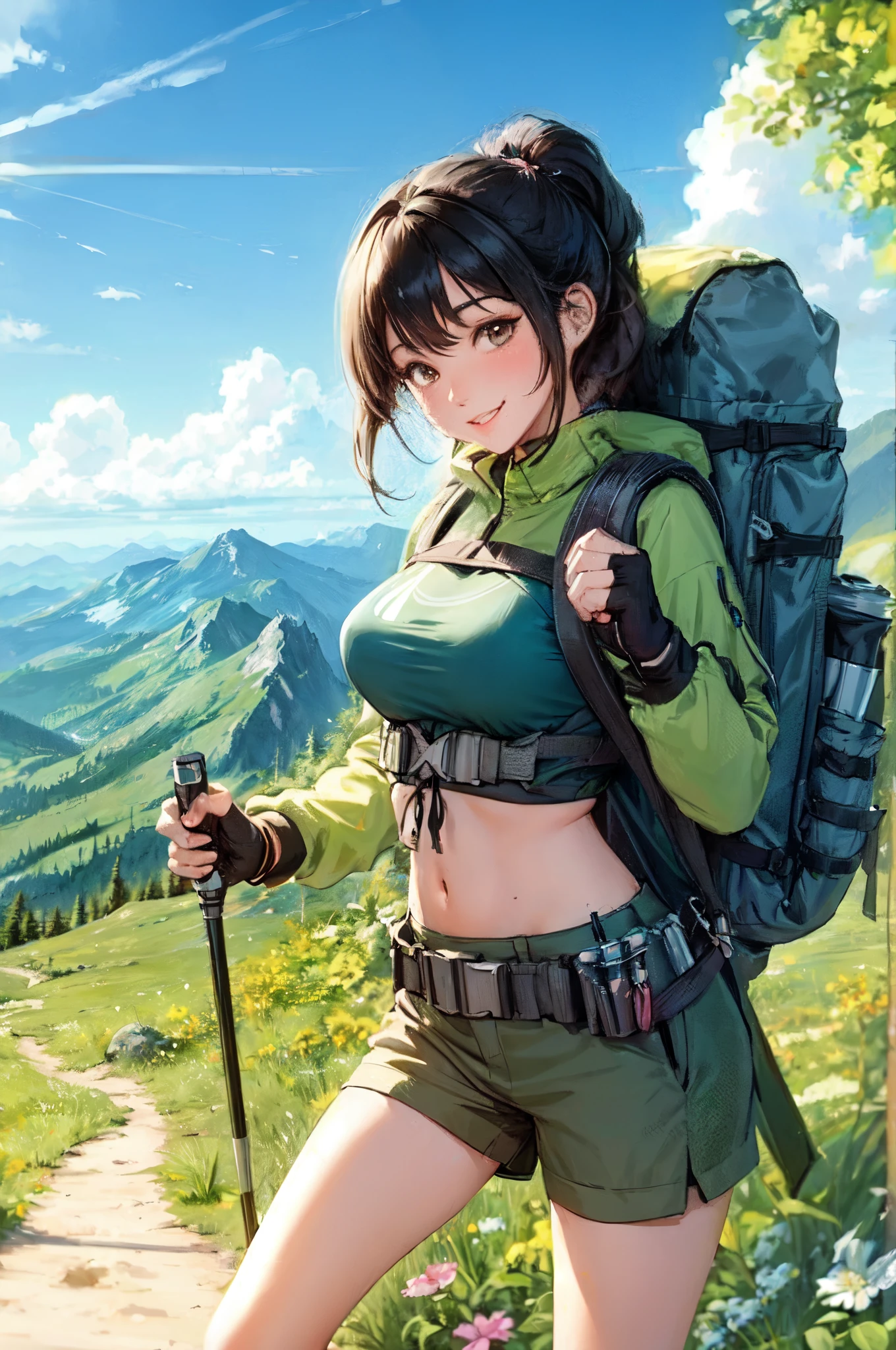 1lady solo, trekking, /(stylish hiking wear/), mature female, /(black hair/) bangs, blush kind smile, (masterpiece best quality:1.3) delicate illustration ultra-detailed, large breasts BREAK /(carrying a backpack/), /(holding a trekking pole/) BREAK /(mountain trail/) outdoors, detailed background