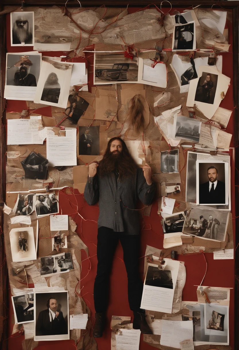 A photo of the character's corkboard covered in interconnected photos, documents, and strings, with a red string connecting a photo of the character and a photo of a black SUV.,original,Waifish, dirty, long hair, long beard, dressed in dirty ill-fitting clothes