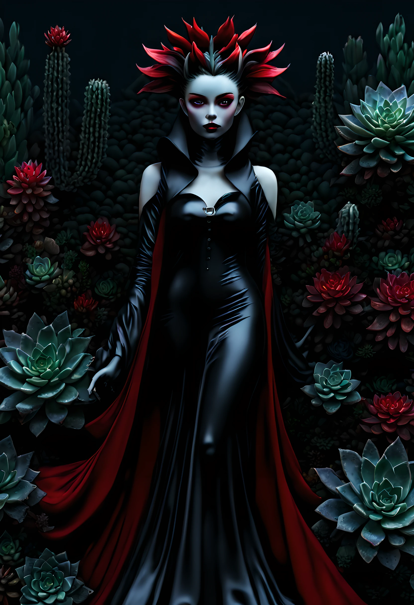 picture of a vampire woman resting in a (black:1.2) and (red:1.2) colored succulents meadow, full body, an exquisite beautiful (ultra detailed, Masterpiece, best quality: 1.4) female vampire woman, dynamic angle (best detailed, Masterpiece, best quality), ultra detailed face (ultra detailed, Masterpiece, best quality), ultra feminine, grey skin, blond hair, wavy hair, dynamic eyes color, cold eyes, glowing eyes, intense eyes, dark red lips, [fangs], wearing white dress, elegant style dress (ultra detailed, Masterpiece, best quality), wearing blue cloak (ultra detailed, Masterpiece, best quality), long cloak, flowing cloak (ultra detailed, Masterpiece, best quality), wearing high heeled boots, resting in (black and red colored succulents meadow: 1.6), succulents dripping blood, full colored, (perfect spectrum: 1.3),( vibrant work: 1.4) vibrant shades of red, and black) moon rising, moon light, its night time, high details, fantasy art, RPG art best quality, 16k, [ultra detailed], masterpiece, best quality, (ultra detailed), full body, ultra wide shot, photorealistic, guild wars