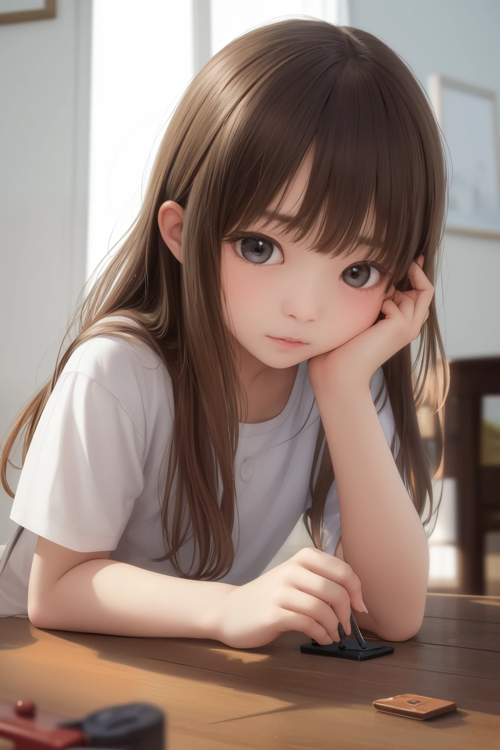 The upper part of the body、an oil painting、masterpiece、top-quality、hight resolution、long brown hair、ars old girl、playing games,Young face,low angles