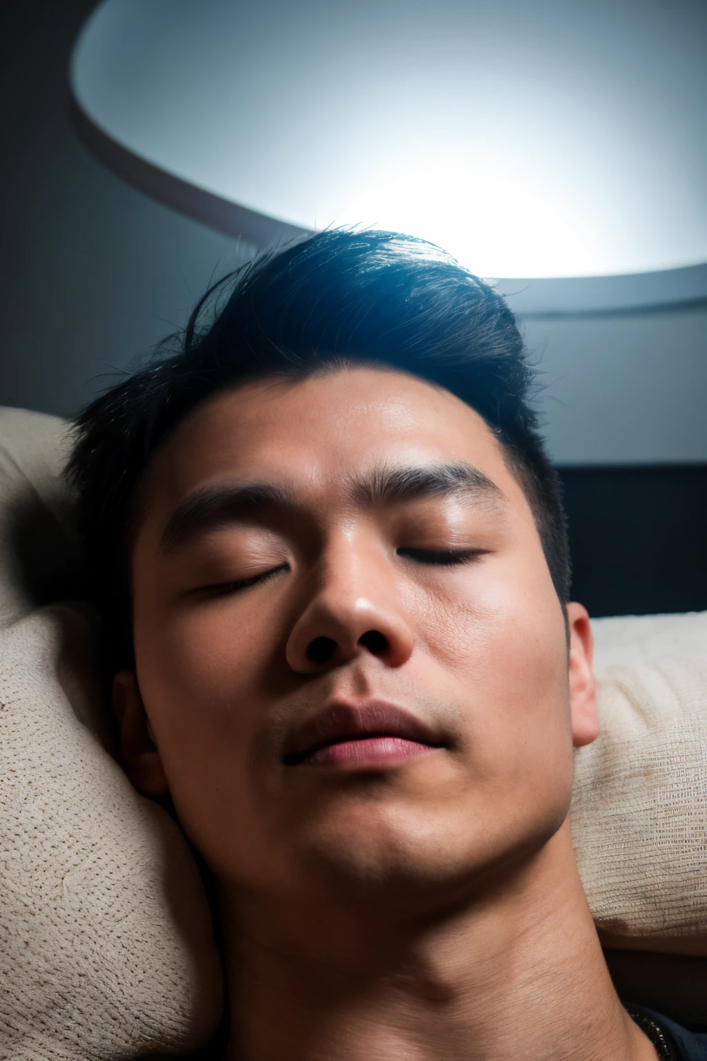 1man, (Andrew thomas huang, oval face, neat muscular), (bulge:0.1), closed eyes, sleeping, dark room