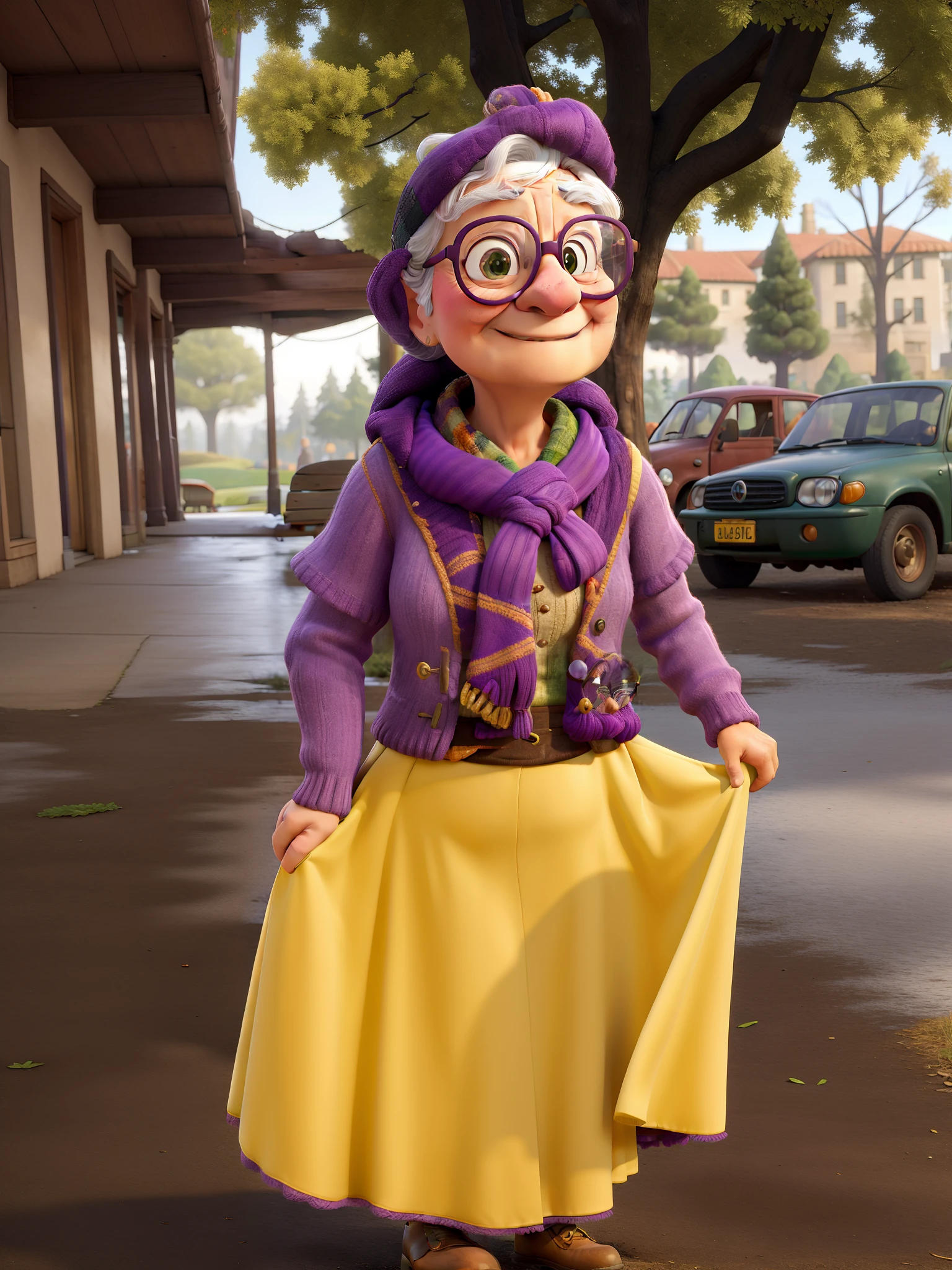 masterpiece, best quality, an old woman with glasses and a scarf on, wearing a purple coat and green scarf, standing at the park