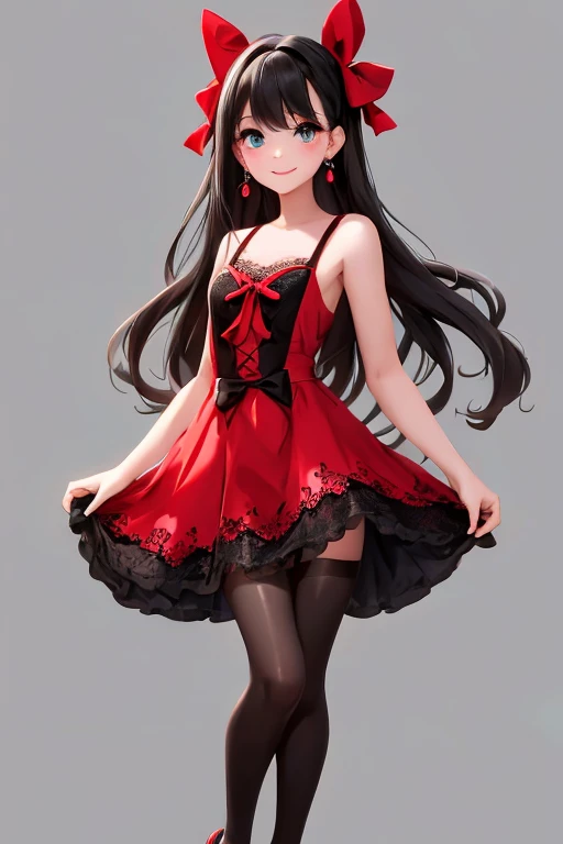 a cute girl smiling, wearing a lace cloth dress, black hair, red smokey eyes makeup, hair bow, tights, pumps, choke, earrings, dramatic magic floating pose, (full body),