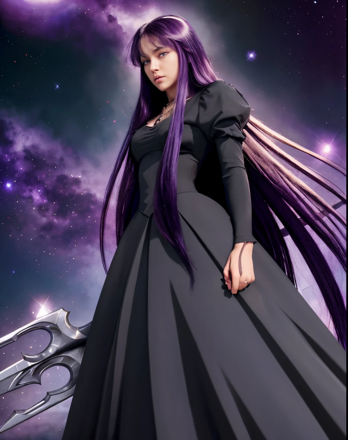 Masterpiece, watercolor: High resolution. Very detailed. realistic. ultra-realistic. Half-body of female. Young woman. 1girl. Slightly side view. Slightly low view of head. Looking at the viewer. About 20 years old. German. Delicate facial features. detailed face. Defiance face. Pretty Big purple eyes. Big eyes. (symmetric eyes`s iris). Very light skin.. Pretty long k=dark purple hair. Straight hair. Bangs. Long black dress. Two neckless. Holding a trident. Space and galaxy background. Cinematic light.