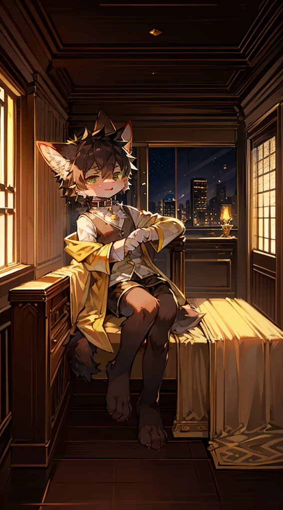(Bright environment:0.8),masterpiece,high quality,abstract res,digital painting\(artwork\), by dagasi,cuihongshi, yupa,kiyosan,(anthro,fluffy fur,character focus:1.1),anthro male cat,short hair,portrait , eyes with brightness, in a panoramic view, Character focus.(detailedbackground:0.7), solo person, shaggy, shaggy male, malefocus, anthr,(Full Body Furry, Fluffy tail, White fur, Yellow-green eyes, black color hair:1.2), (long canines、Yellow coat、Gilet blanc、sweat shorts、Collar、perspire、Enchanted look:1.2),(interiors、at noon、sitting room、A piano:1.1)··