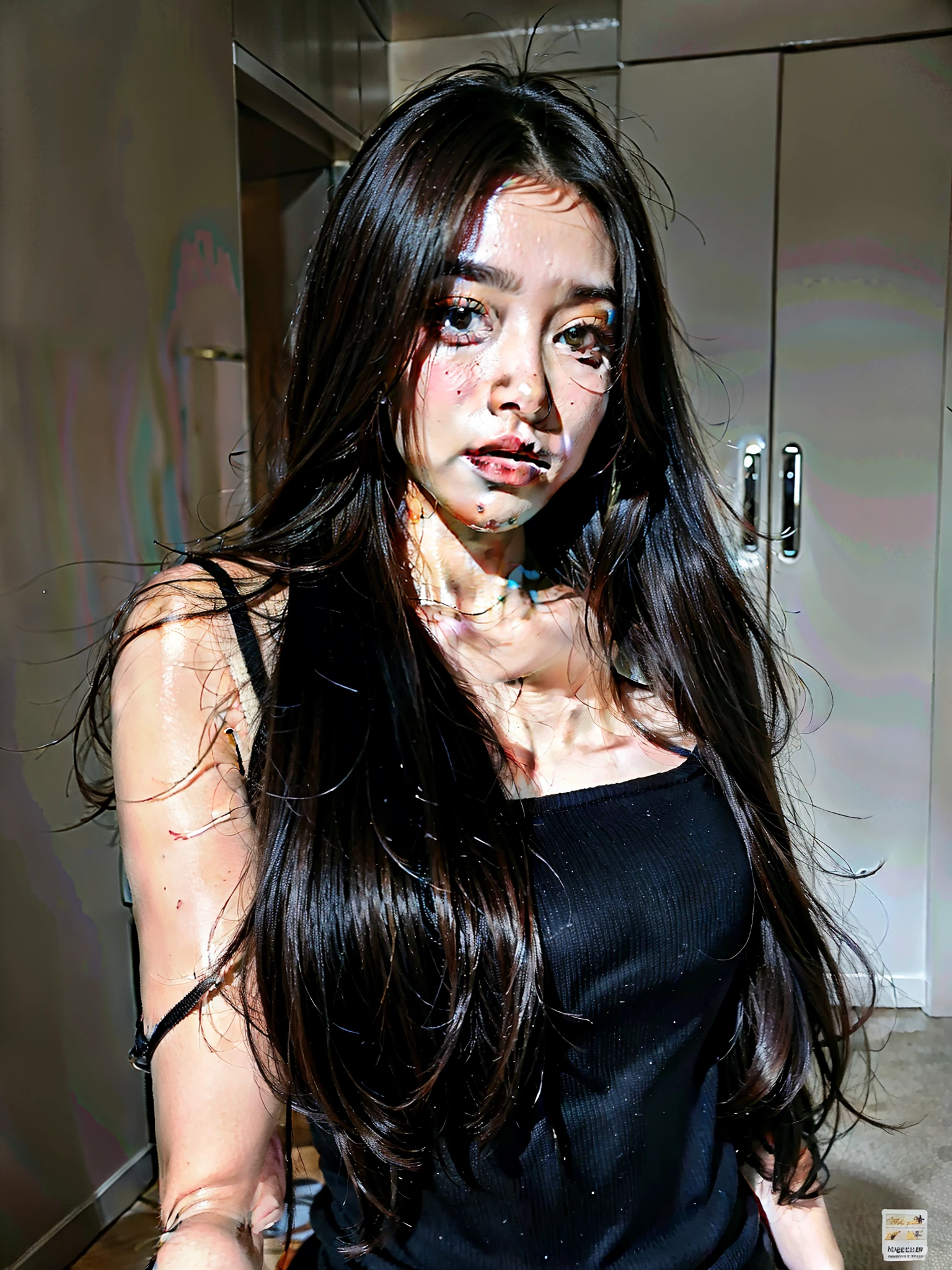 NSFW,masterpiece,total body,full body ,((ahegao)),10 years old,Japanese girl,black sports bra,
Black panties,black socks,
empty eyes,cross eyes