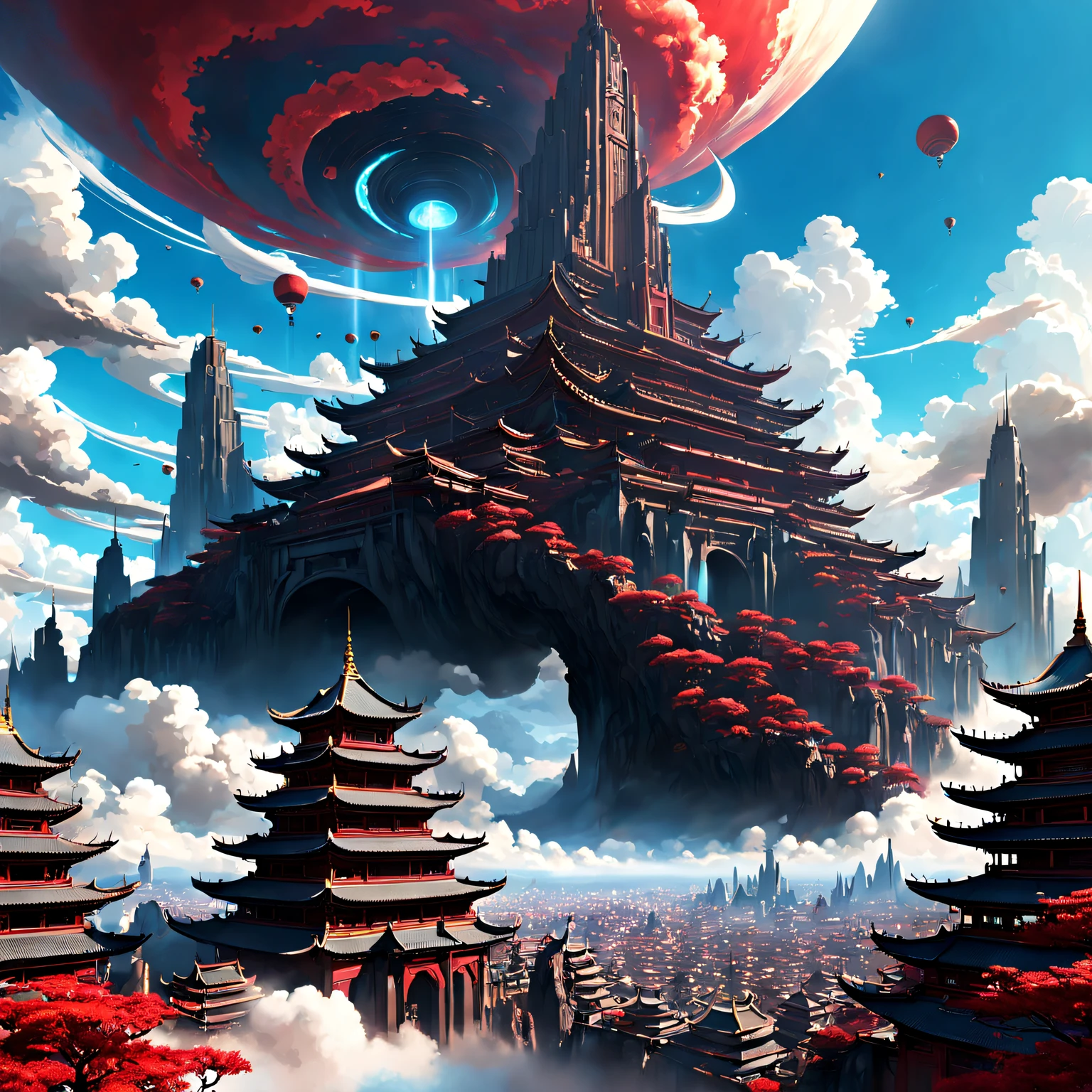 an amazing sky city scene in the fantasy world of asian animation, in the style of light sky blue and dark bronze, intel core, firecore, dynamic brushwork vibrations, swirling vortexes, imposing monumentality, dark white and crimson