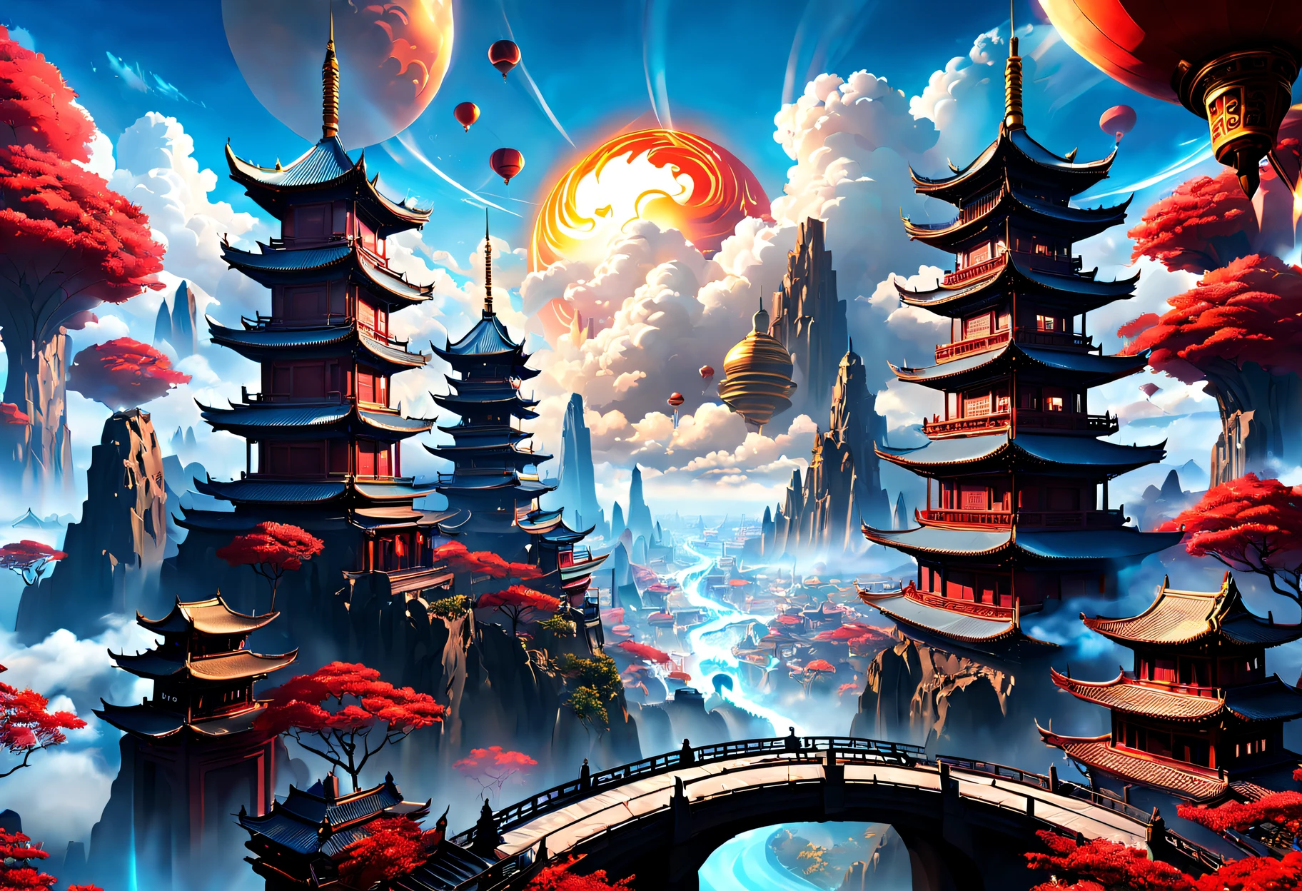 Stunning Sky City scenes from the Asian animated fantasy world, Light sky blue and dark bronze styles, intel core, fire core, Dynamic stroke vibration, swirles, Impressive monumentality, deep white and crimson