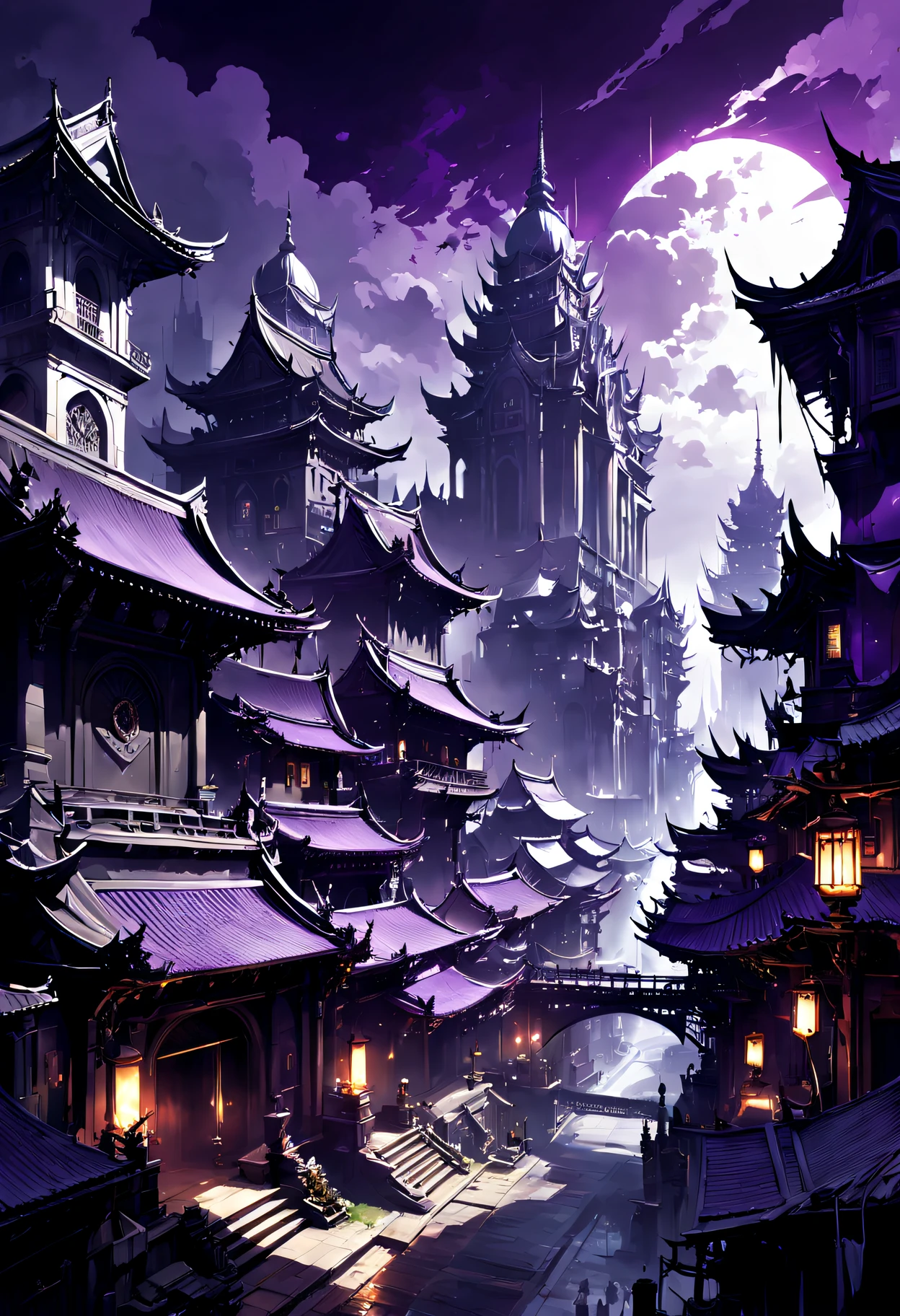 a mysterious city with dark buildings, in the style of kawacy, dark white and purple, dynamic action scenes