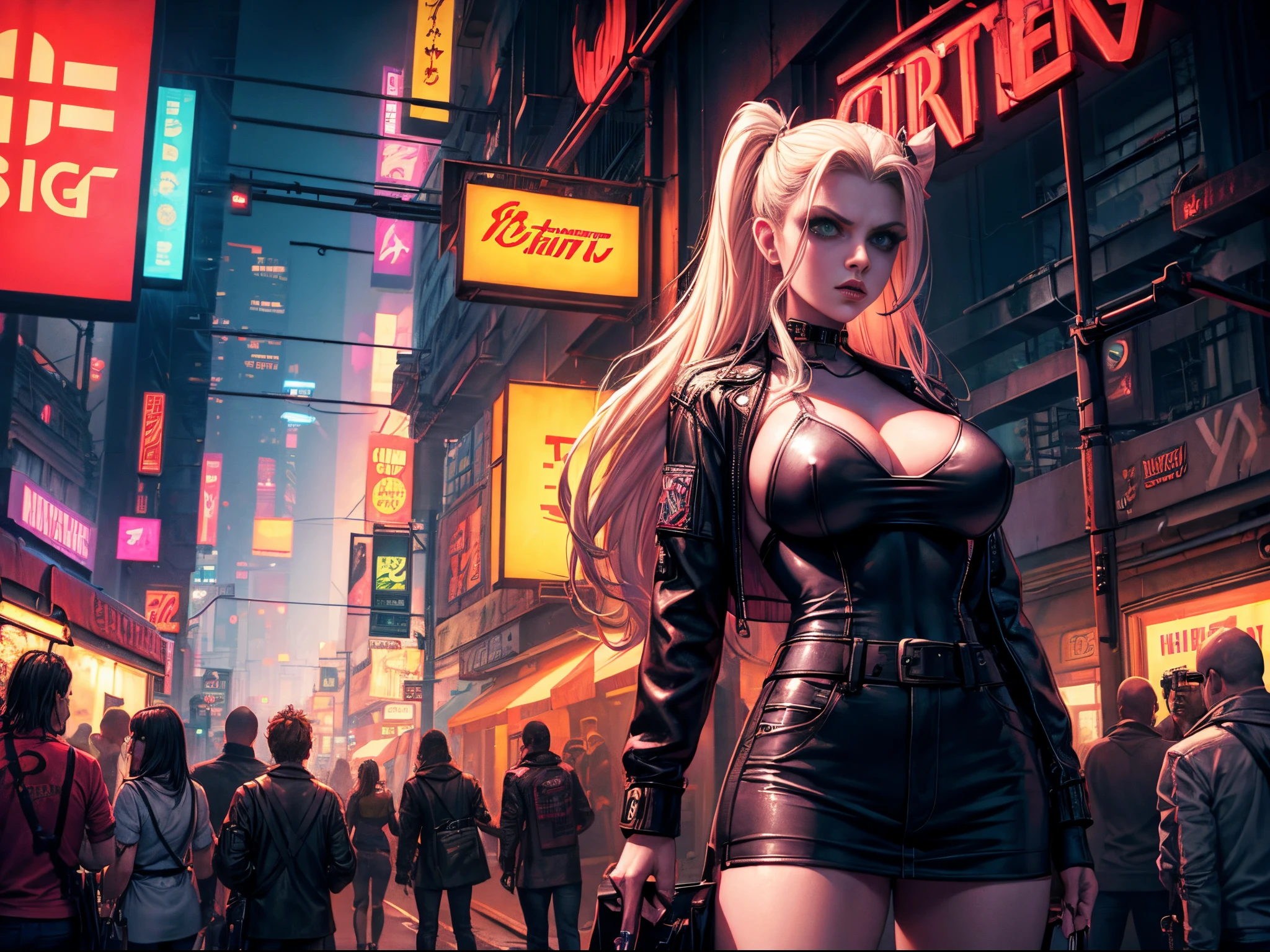Transport Buffy, with enormous tits, into a cyberpunk cityscape with neon-lit streets. Vampires, outlined in digital shadows, navigate the gritty metropolis, merging the cyberpunk vibe with the mysticism of the Buffy universe.