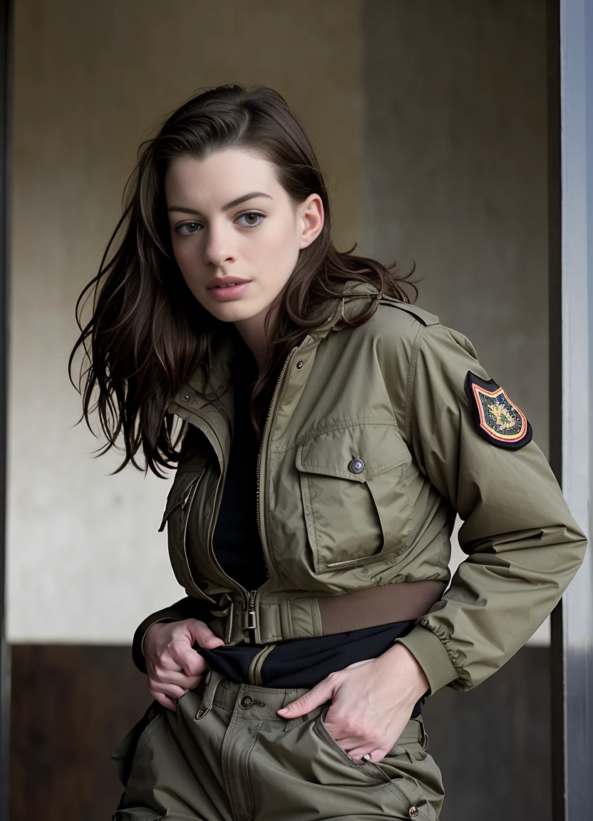 paparazzi shot of SCANTILY CLAD ATHLETIC ANNE HATHAWAY (sks woman:1) , 35 AGE, wearing Military jacket and cargo pants, epic character composition, sharp focus, natural lighting, subsurface scattering, f2, 35mm, film grain, , by Andreas Gursky,