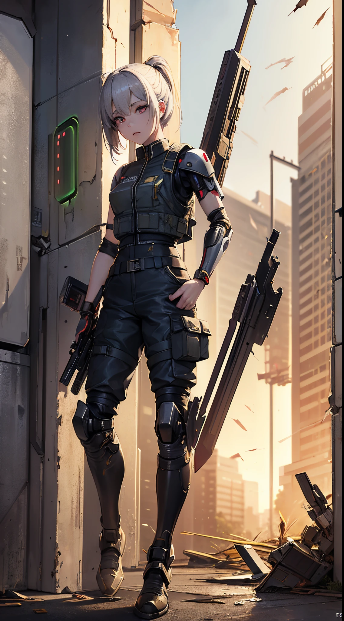 masterpiece, Nikke, goddess of victory character, (battle android model), female character android, (wearing elegant future outfit uniform with straps and accessories, cargo pants, military vest), (holding weapon), action pose, battle damage, (visible (damaged:1.35) (android parts:1.3):1.15), (wallpaper, screensaver)