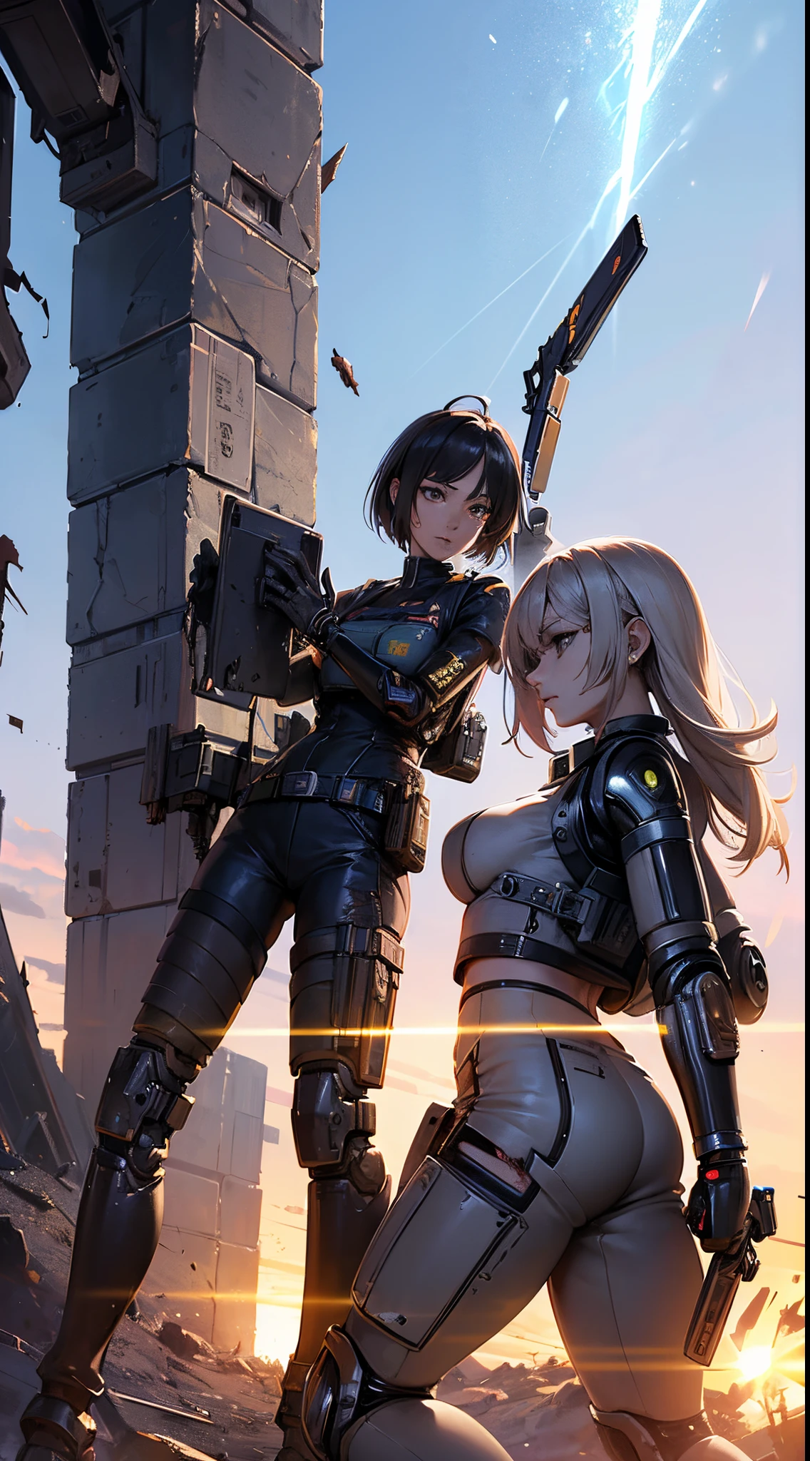 masterpiece, Nikke, goddess of victory character, (battle android model), female character android, (wearing elegant future outfit uniform with straps and accessories, cargo pants, military vest), (holding weapon), action pose, battle damage, (visible (damaged:1.35) (android parts:1.3):1.15), (wallpaper, screensaver)