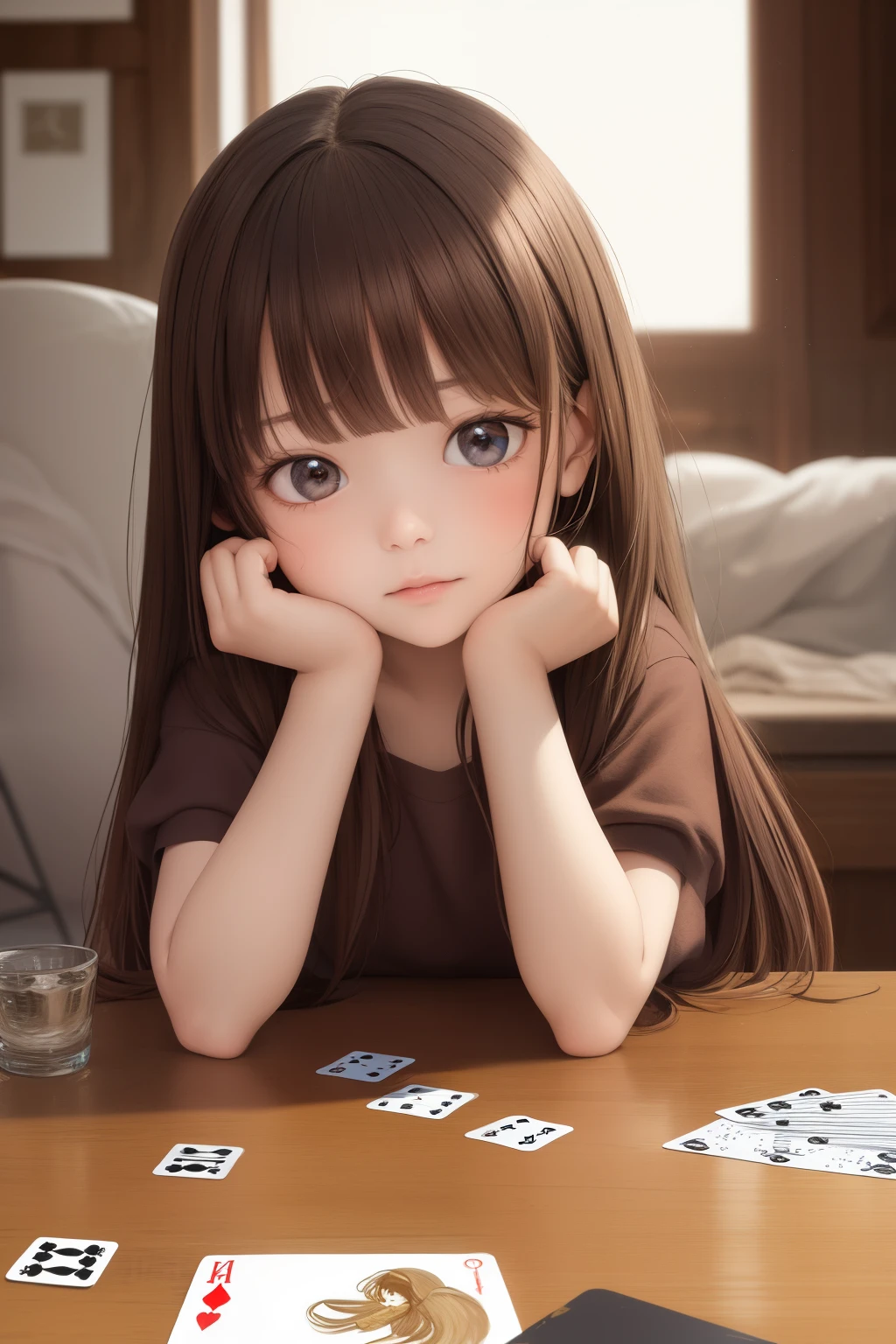The upper part of the body、an oil painting、masterpiece、top-quality、hight resolution、long brown hair、ars old girl、Playing a card game,Young Face,low angles