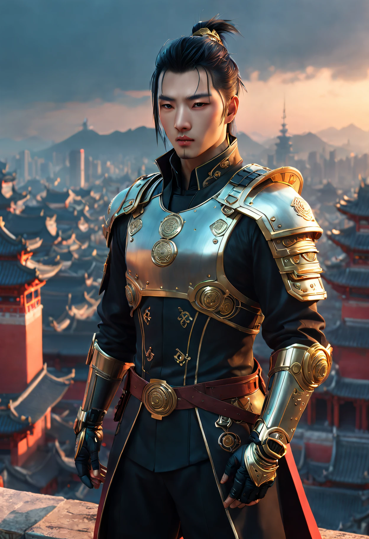 Close-up of a man standing on top of a city tower, [cyber punk personage] Castle in ancient Chinese city, [computer generated animation] The work is inspired by Zhong Fenghua, composed...making： heroes, Featuring architecture by CGSociety and Chung Feng Hua. [2.5 days] Qu Leilei’s fantasy art creation, Chen Lin, and Liang Kai. (Best quality, 4K, A high resolution, tmasterpiece:1.2), ultra - detailed, (actual, realistically, realisticlying:1.37), HighDynamicRange, hyper HD, Studio lighting, Extremely detailed description, professional, vibrant with colors, bokeh, Illustration depicting a [sporty attire] Big breasts, big breasts [The landscape], Vibrant color scheme, with mood lighting.