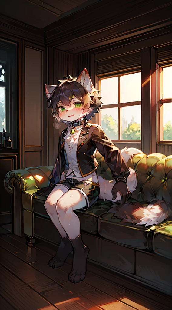 (Bright environment:0.8),masterpiece,high quality,abstract res,digital painting\(artwork\), by dagasi,cuihongshi, yupa,kiyosan,(anthro,fluffy fur,character focus:1.1),anthro male cat,short hair,portrait , eyes with brightness, in a panoramic view, Character focus.(detailedbackground:0.7), solo person, shaggy, shaggy male, malefocus, anthr,(Full Body Furry, Fluffy tail, White fur, Yellow-green eyes, black color hair:1.2), (long canines、black cloaths、Gilet blanc、sweat shorts、Collar、perspire、Enchanted look:1.2),(interiors、at noon、liveroom、on a sofa:1.1)··
