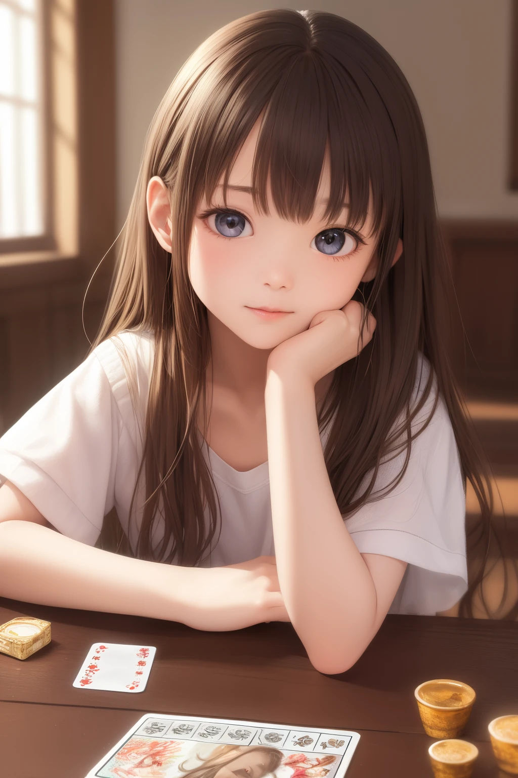 The upper part of the body、an oil painting、masterpiece、top-quality、hight resolution、long brown hair、ars old girl、Playing a card game,Young Face,low angles