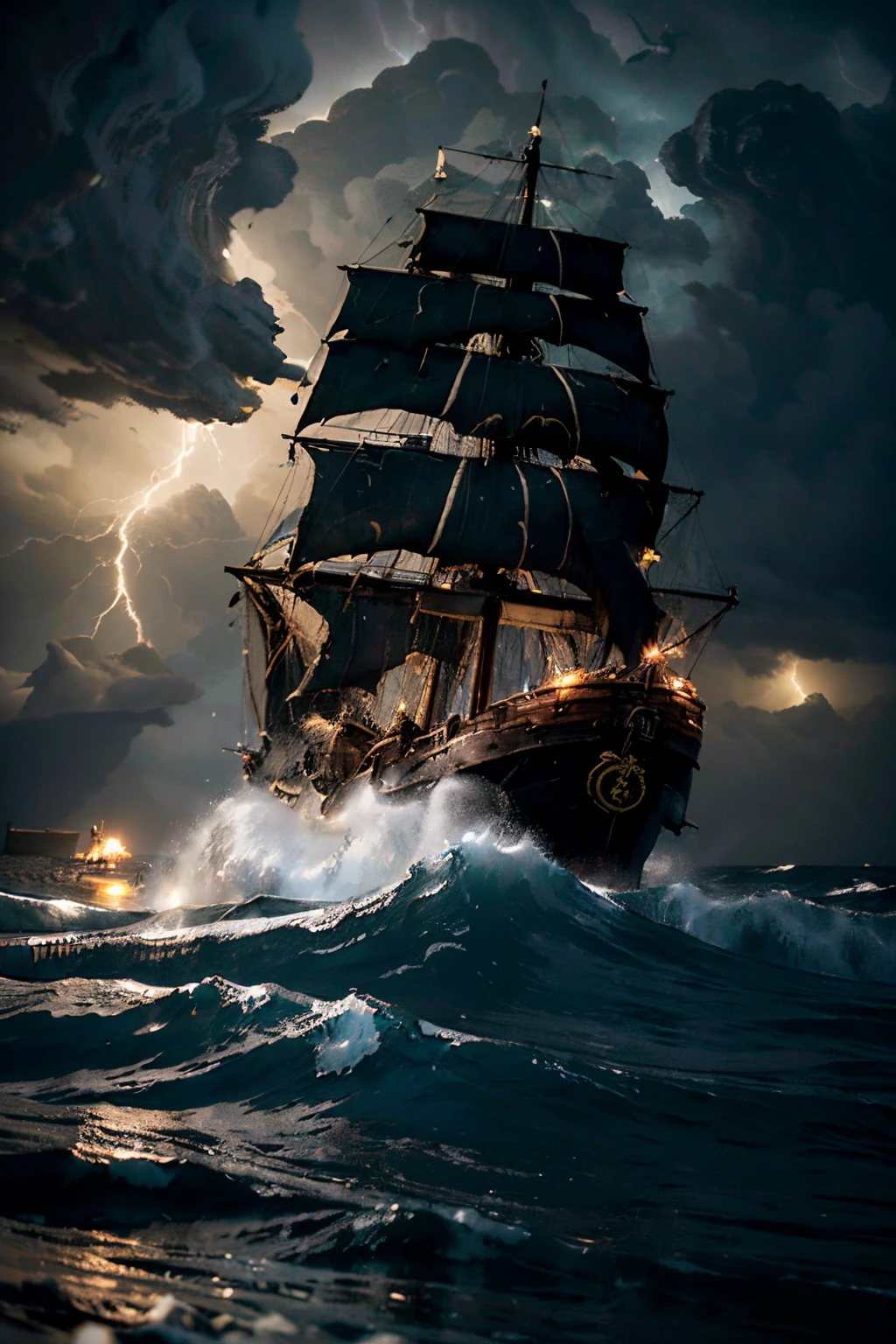 ((huge wave)) over an old damaged ((Spanish galleon)) hit by a gigantic wave, lightning storm, torrential rain, large volume of water over the galleon, aged galleon, inclined Galleon about to sink, worn nautical sails, in the middle of a monumental storm, night scene, darkness, dark suspenseful image, ((extremely violent sea)), absurdly violent storm, ((threatening ocean))