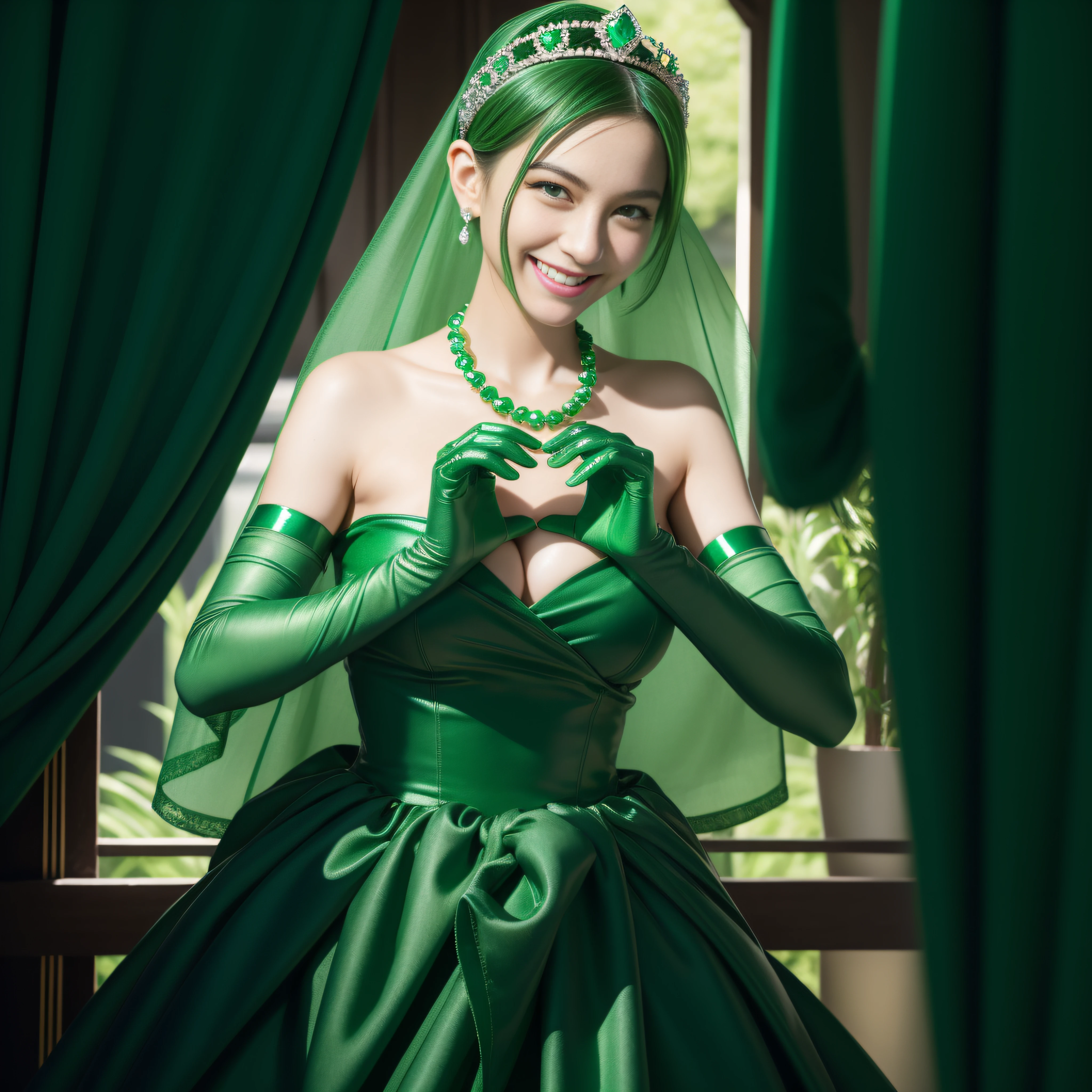 emerald tiara, Green Pearl Necklace, Boyish very short green hair, lipsticks, Japan woman smiling, very short short hair, big breasts beautiful, Green eyes, Long green gloves made of satin material, Green eyes, Emerald Earrings, green vale, Heart with both hands