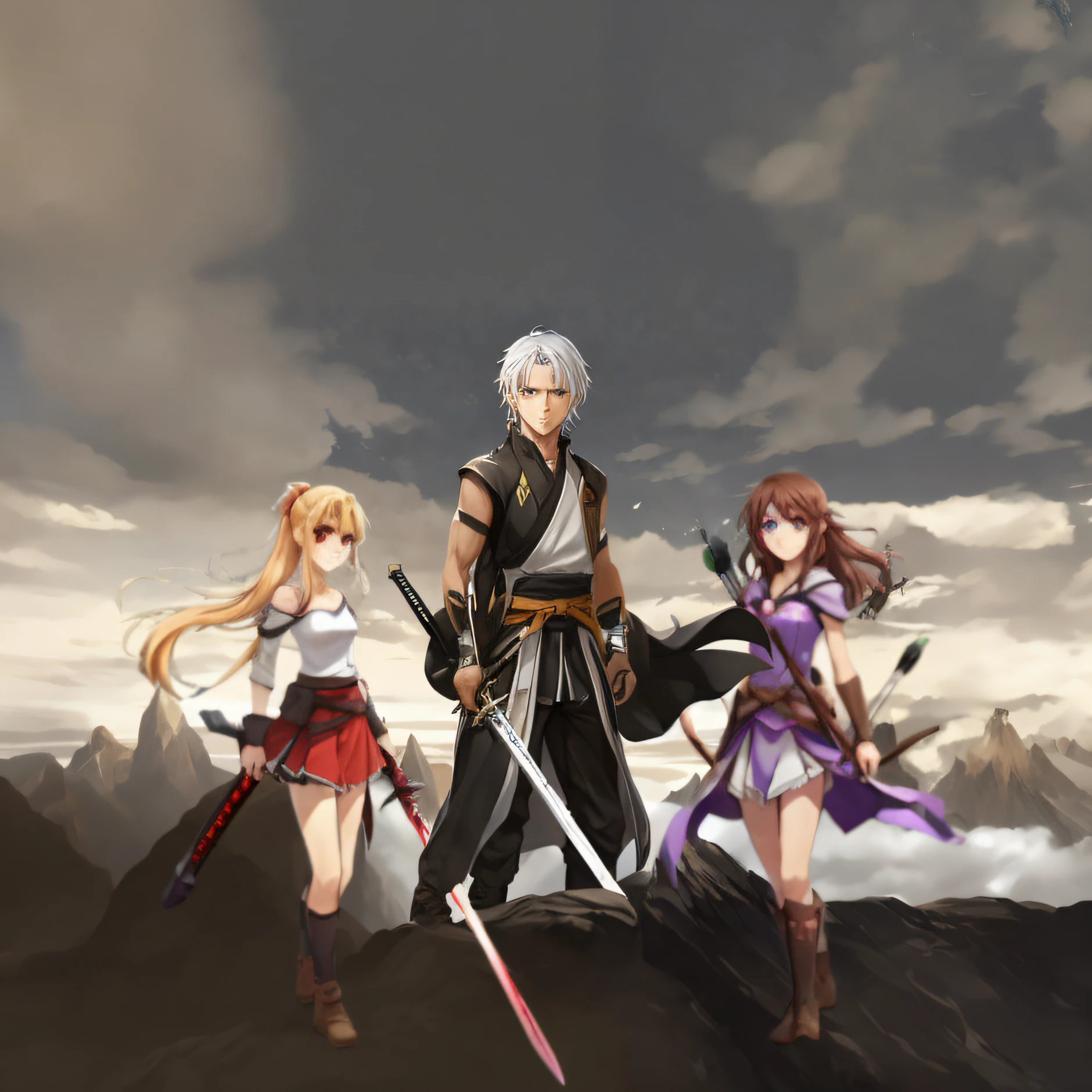 anime characters standing on a mountain with swords in their hands, key art, anime in fantasy style, anime style like fate/stay night, visual novel key visual, badass anime 8 k, visual novel cg, 2. 5 d cgi anime fantasy artwork, jrpg character art, anime key art, popular isekai anime, epic light novel art cover, game cg