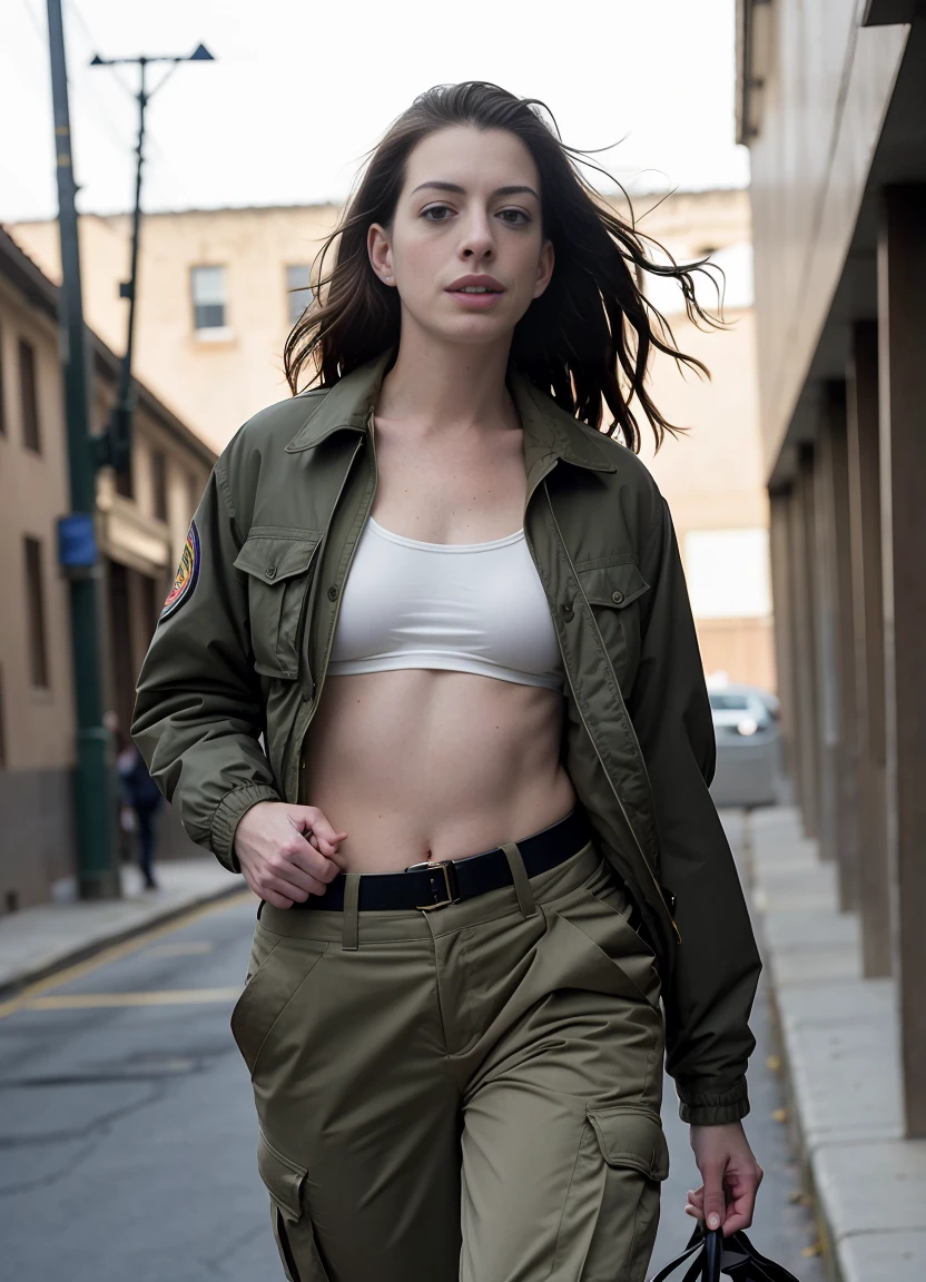 Keira Knightley, Beautiful girl small breasts, very fit, shredded abs, wearing rugged jacket, long hair, machine arms in cyberpunk night scene, cyberpunk red green backdrop