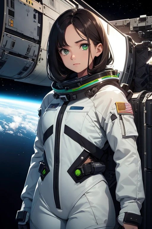 1 girl standing in space, space station, planet in background, form fitting spacesuit, looking into distance, dark hair, beautiful face, beautiful green eyes, dark hair