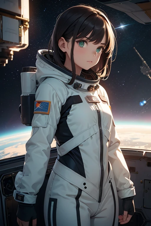 1 girl standing in space, planet in background, white uniform with short skirt, looking into distance, dark hair, beautiful face, beautiful green eyes, dark hair, high res, masterpiece