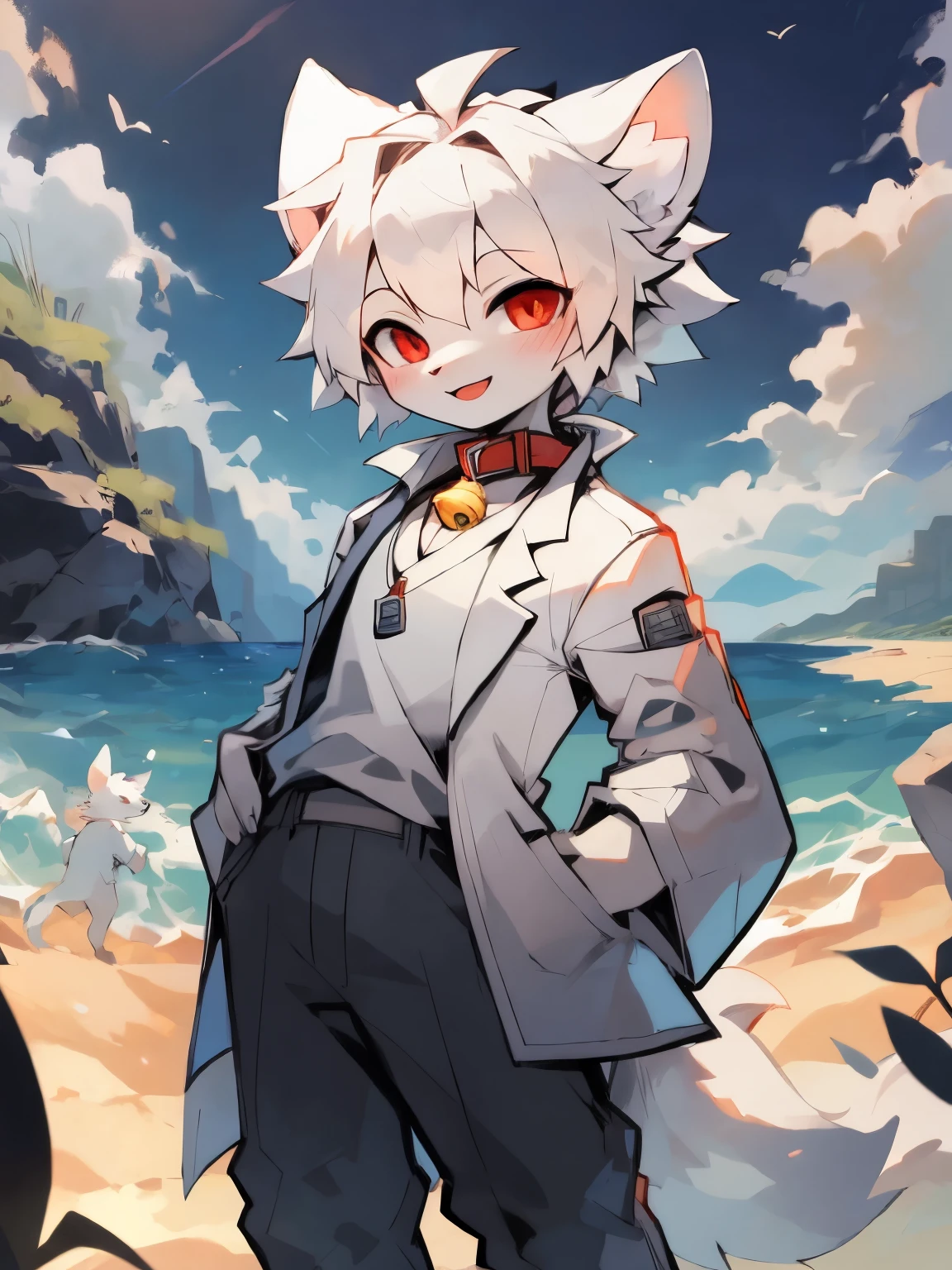 ( boy)Beautiful and detailed portrait,white color hair, 16k,are standing,sideways standing,Turn your head slightly towards the audience,red pupils,white wolf big ears,White Wolf Tail(White color blouse,black long pants,White lab coat),(There is a red collar,There is a yellow bell on it)beach seaside background,smiling expression