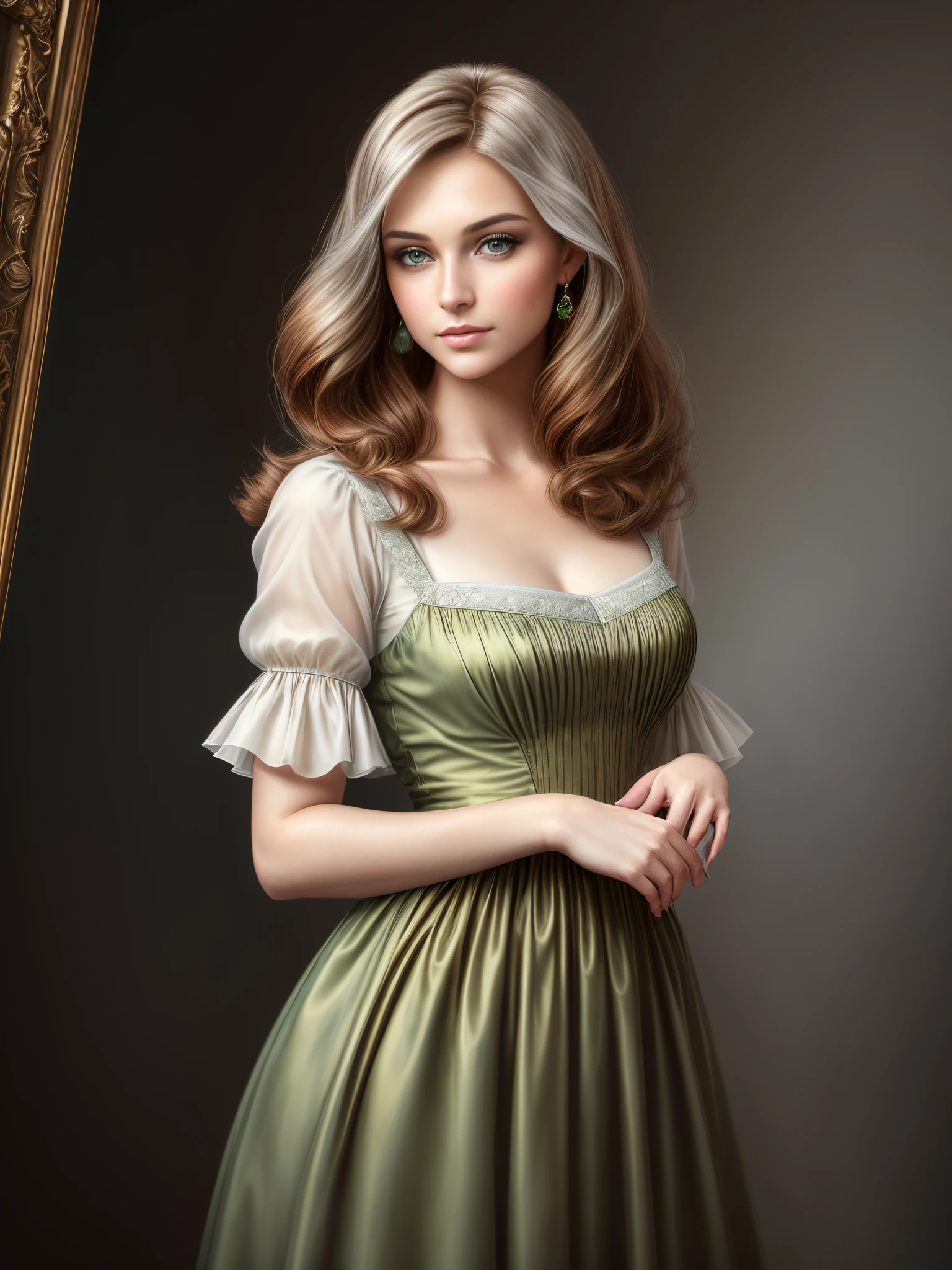 Oil portrait of a beautiful young woman, russet hair, green eyes, very beautiful face, correct geometry, 18th century era, waist-length portrait, hands near the chest, beautiful hands, beautiful fingers, gentle image, light colours, silver-grey dress, trending on artstation, style by Vladimir Volegov, Greg Rutkowski