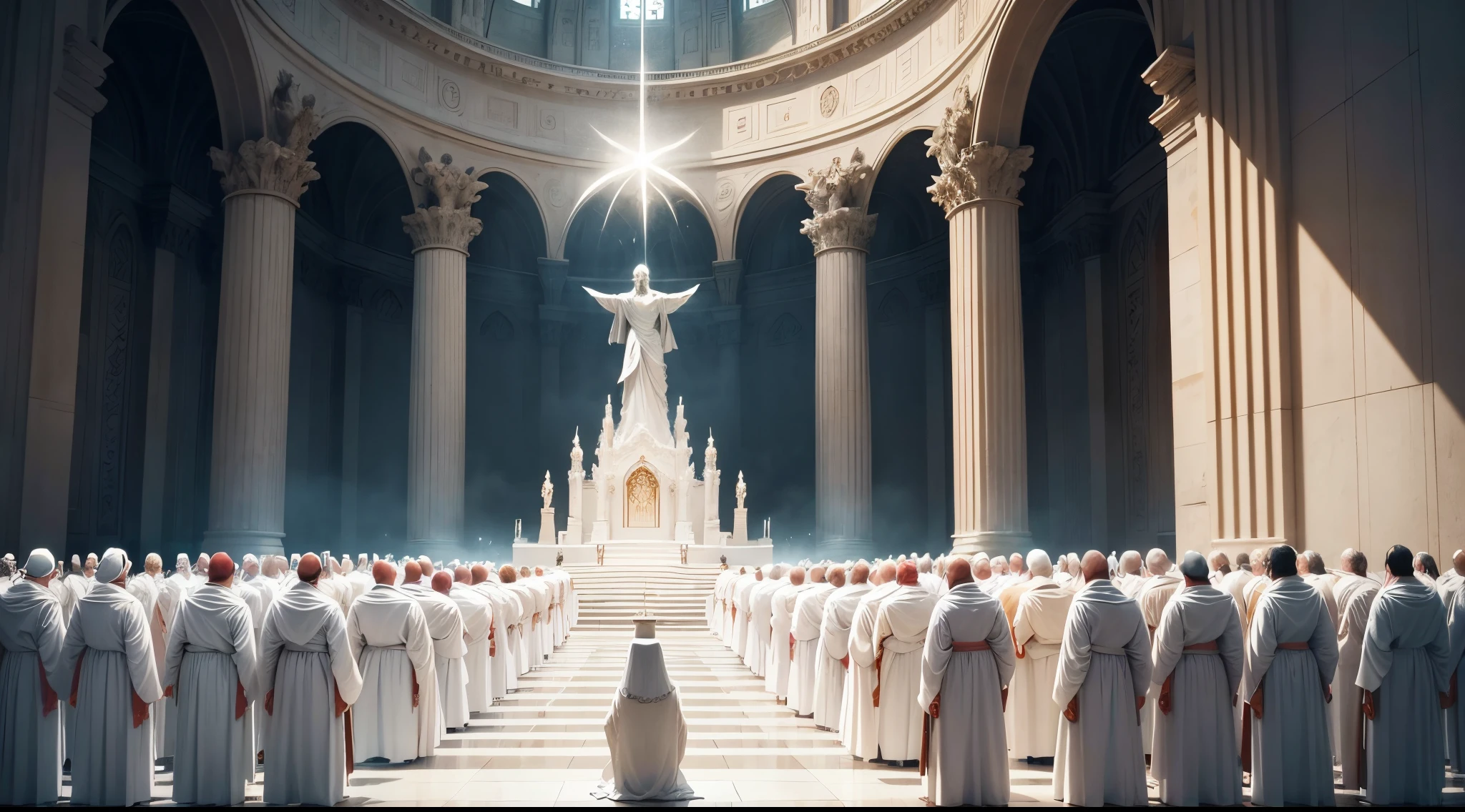 A stunning image depicting the Doomsday scenario, conforme descrito em Apocalipse 20:11. O trono branco onde Jesus se senta se destaca no centro da cena, surrounded by white clouds and lightning, simbolizando a majestade divina. Powerful angels are present, solemnly watching the opening of the books, representing the records of each individual's actions. a countless crowd of men in white robes and crowns on their heads, aguardando seu destino eterno. The mood is one of reverence and awe before the divine justice that will be established.