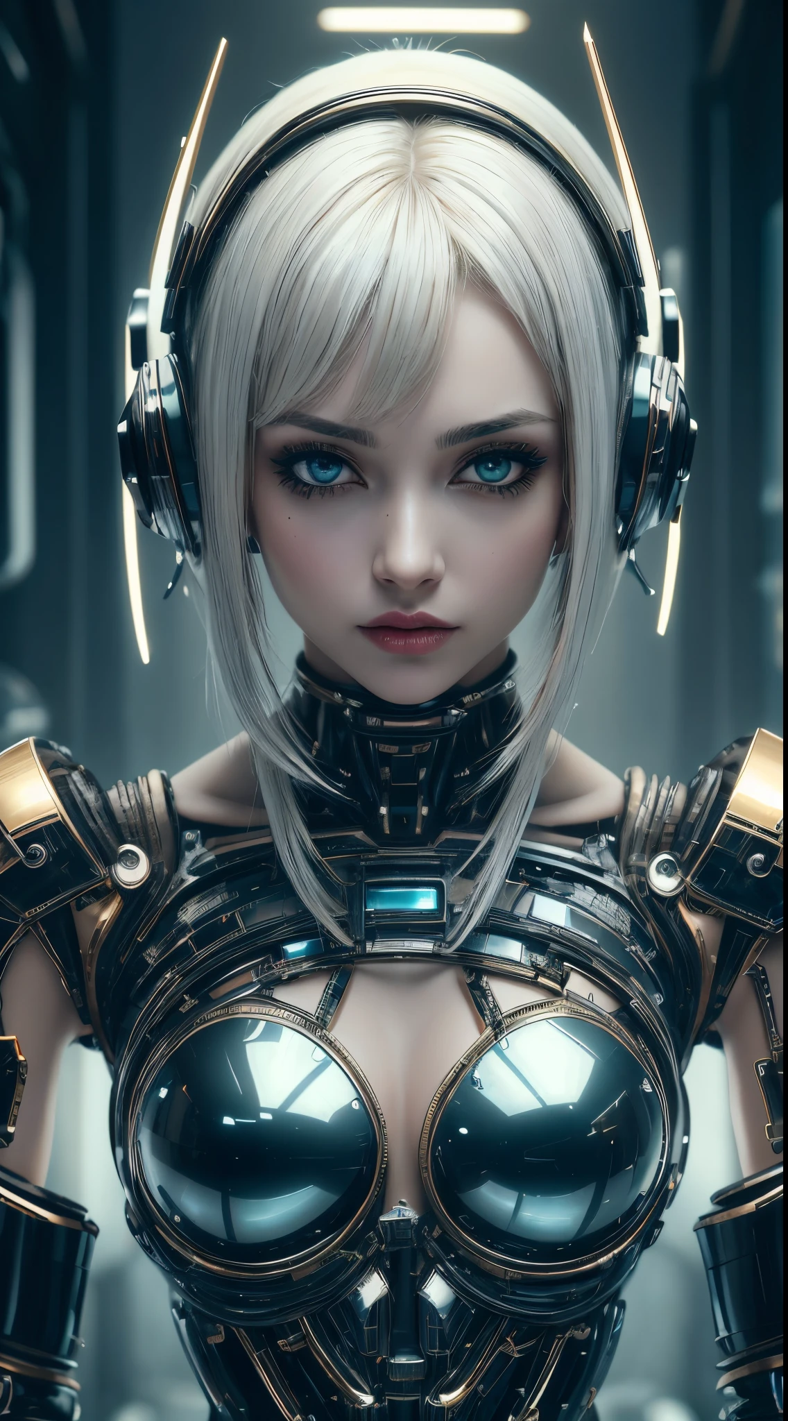 Android Woman, Robot Woman, Hyper Realistic, Girl in platinum body jewelry, Highly Detailed Face and Skin Texture, Grandes ojos azules, labios jugosos, Labios Bimbo, piel blanca, Pale skin, ojos detallados, 二重まぶた, Cabello negro afro rizado, cyberpunk gold metal BDSM, Cintas cyberpunk de metal platino, bragas de cuero, metal micro bueno, ropa de carbono, gold body jewelry, damp skin. piel blanca, she is on the futuristic cyberpunk white and Black room in the spacecraft.