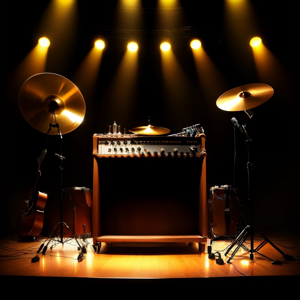 Criar imagem de um palco de show de banda, in the nighttime, somente com instrumentos, bateria, percussion, guitarra no pedestal, contrabaixo no pedestal, sintetizador no pedestal, sanfona no pedestal, guitar on stand, saxofone no pedestal, microfones no pedestal, stage with led lighting, somente instrumentos no palco, without any people...