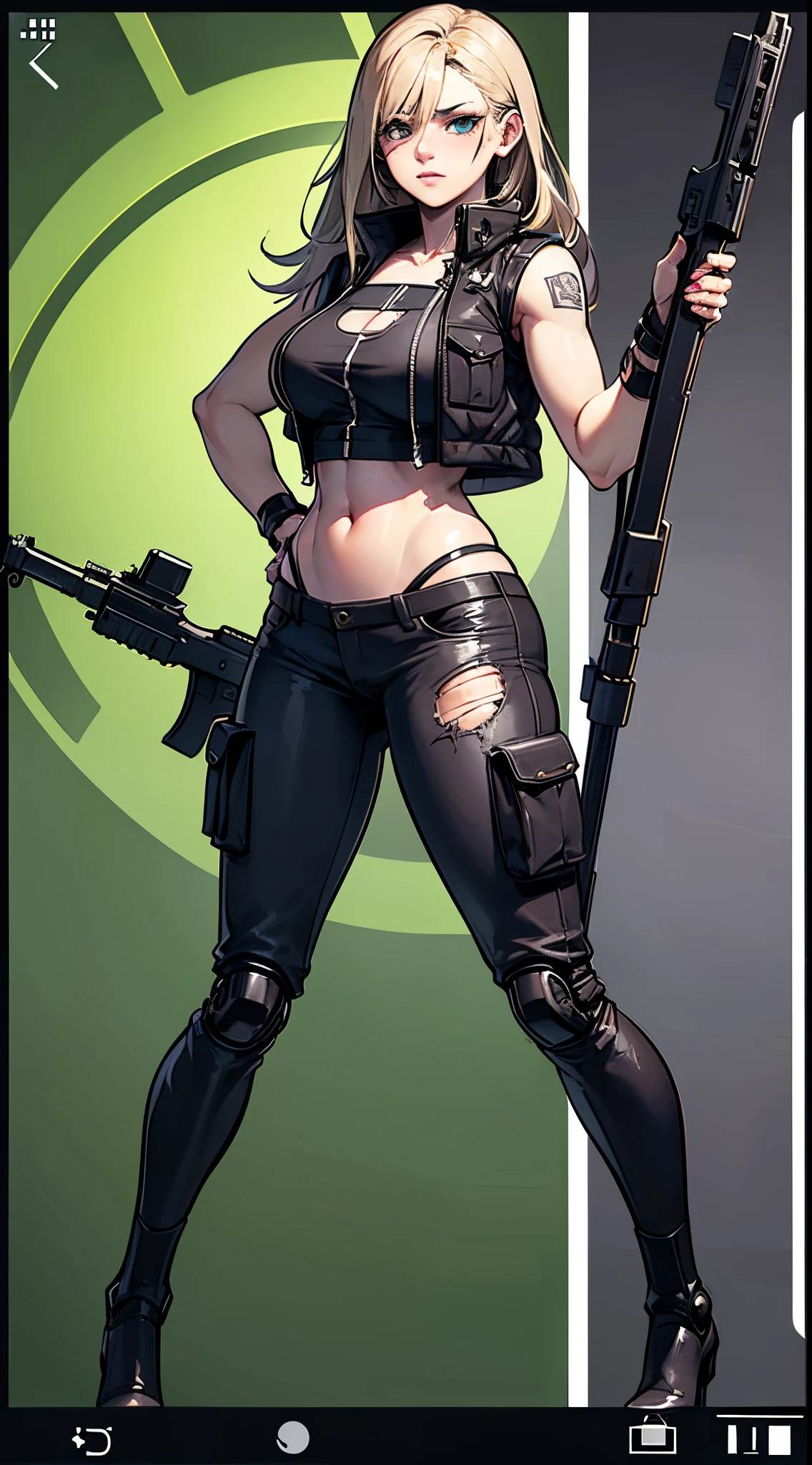 masterpiece, Nikke, goddess of victory character, (battle android model), female character android, (wearing [elegant|sexy|military:0.33] future outfit uniform with straps and accessories, cargo pants, military vest), (holding weapon), action pose, battle damage, (visible (damaged:1.35) (character android body parts:1.3):1.15), (wallpaper, screensaver)