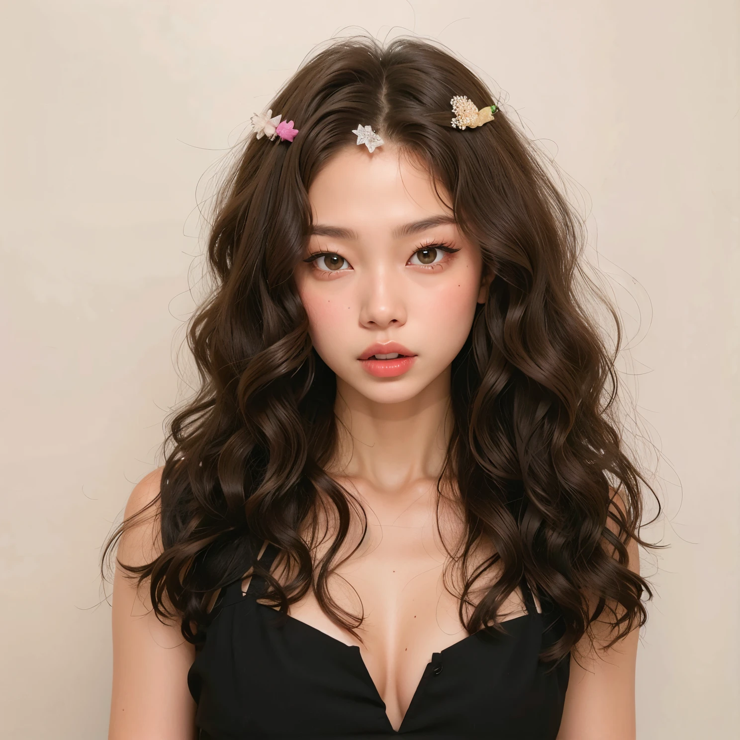Mujer arafed con cabello largo y oscuro con un vestido negro y flores rosadas en el cabello., cabello ondulado hasta los hombros, con cabello largo y rizado, Corte de pelo rizado en la parte media, ulzzang, Peinado kawaii, cabello largo y rizado, cabello ondulado, peinado grande y desordenado, Peinado ondulado, cabello de longitud media, Medium - long curly brown hair, con rizado largo