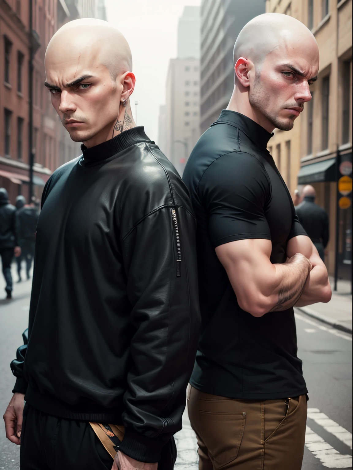 two skinhead men with rough angry faces in black loose clothes against the background of the street