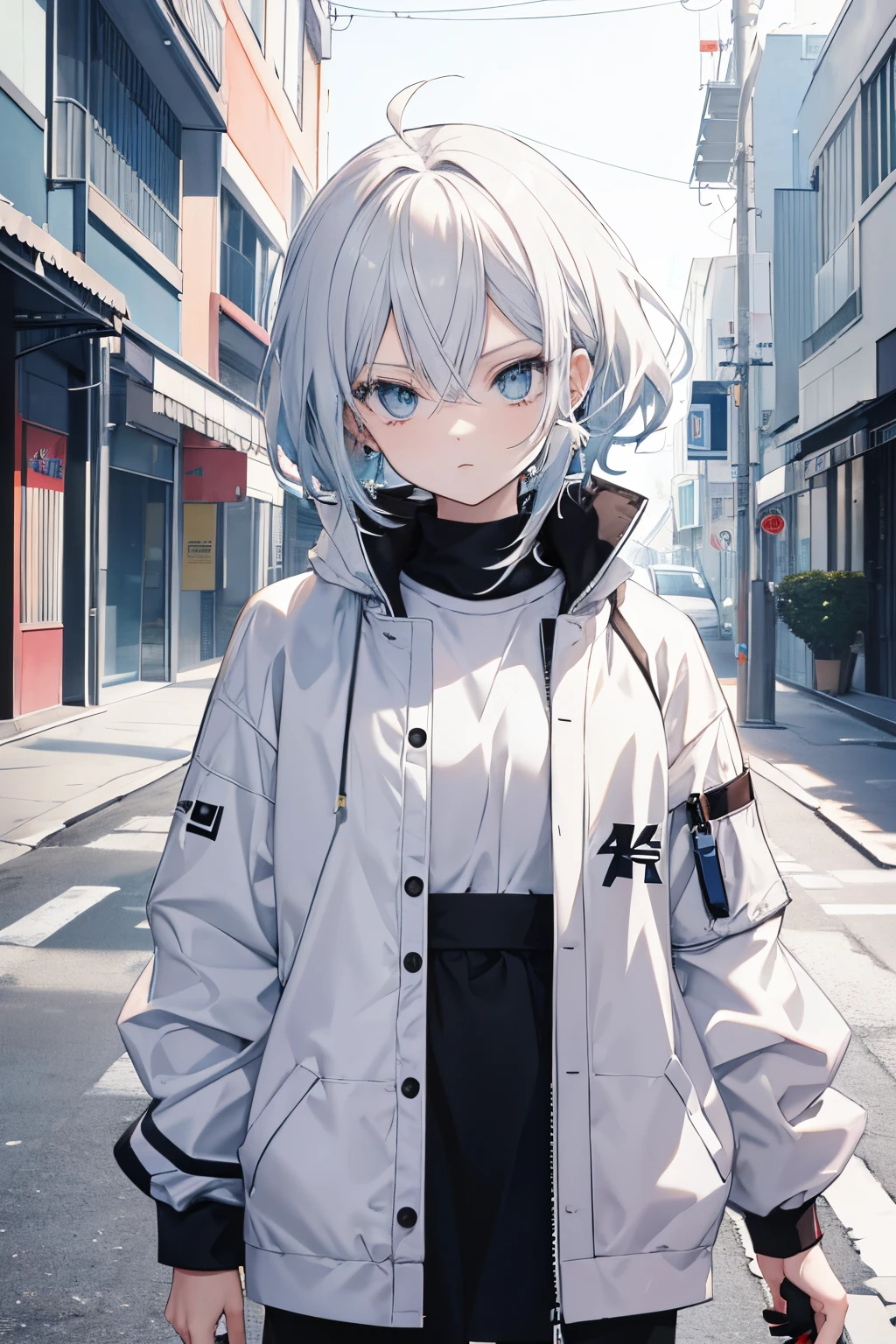 Anime girl with white hair and blue eyes standing in the middle of a ...