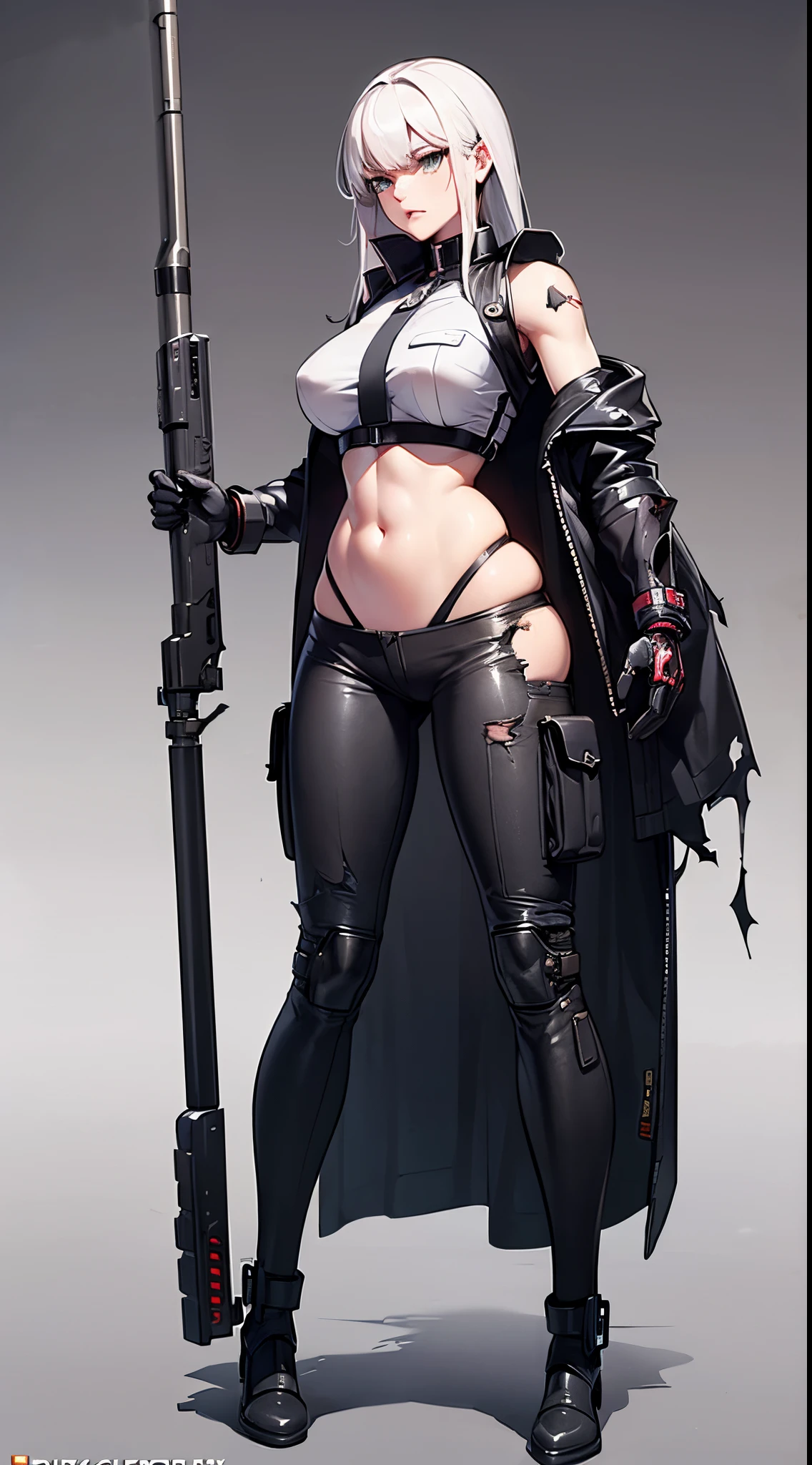 masterpiece, Nikke, goddess of victory character, (battle android model), female character android, (wearing [elegant|sexy|military:0.33] future outfit uniform with straps and accessories, cargo pants, military vest), (holding weapon), action pose, battle damage, (visible (damaged:1.35) (character android body parts:1.3):1.15), (wallpaper, screensaver)