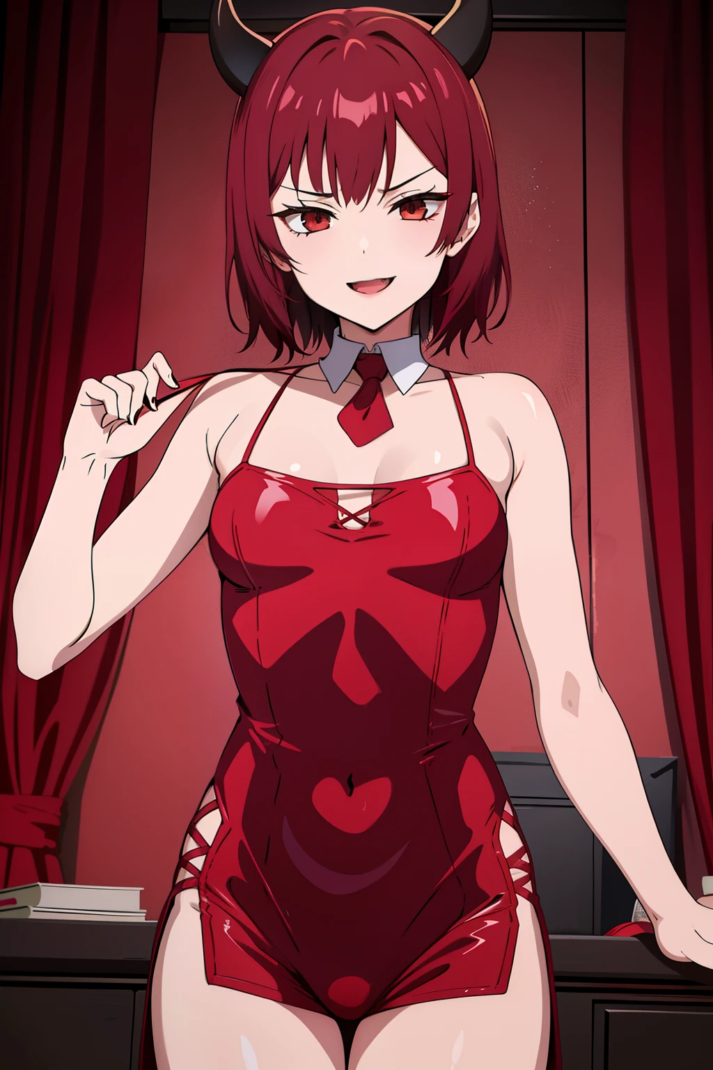 cute girl, A girl in the form of a devil, Devil horns, devil tail, red color, short hair, Red tight clothes، adult girl,Devil smile, Big chest, so sexy