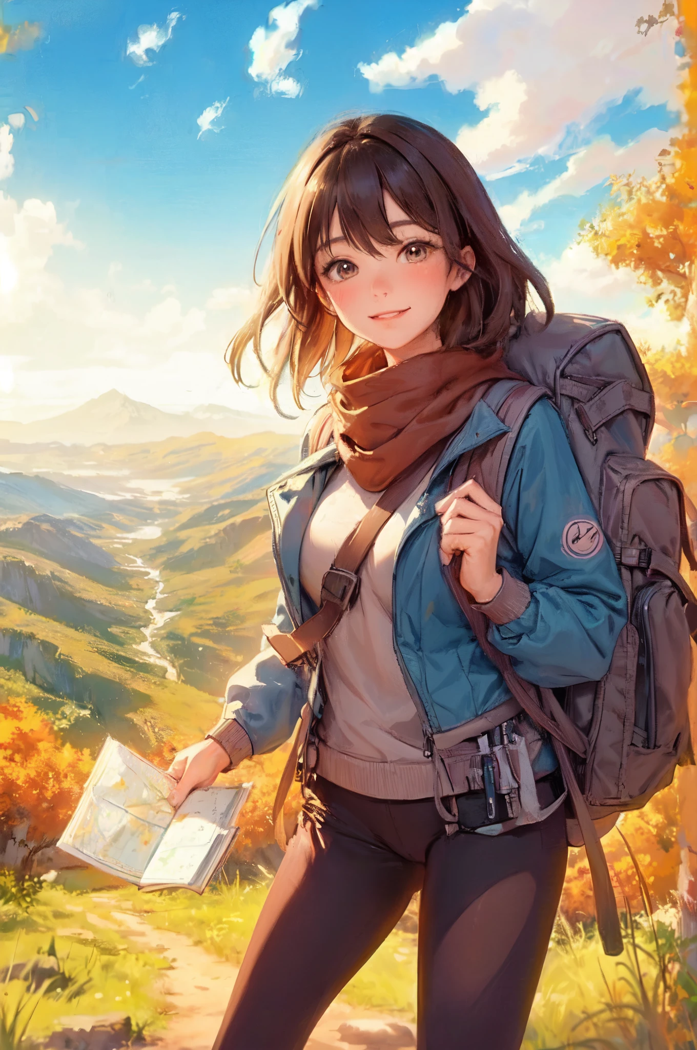 1lady solo, trekking, /(stylish hiking wear/), mature female, /(brown hair/) bangs, blush light smile, (masterpiece best quality:1.3) delicate illustration ultra-detailed, large breasts BREAK /(carrying a backpack/), /(holding a map/) BREAK /(mountain trail/) outdoors, detailed background