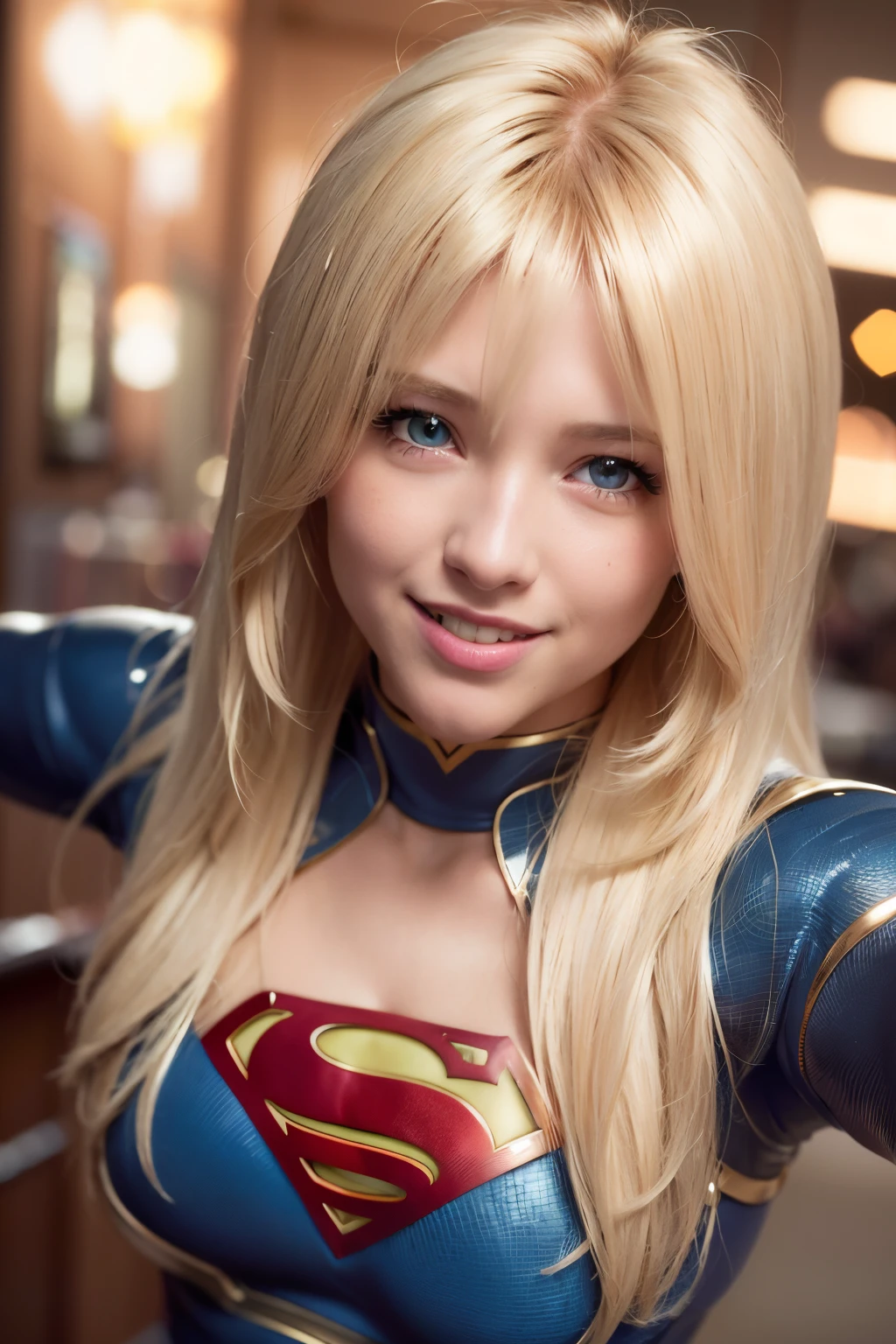 detail face, best quality, ultra high res, (photorealistic:1.4), ((detailed facial features)), 8k resolution, Supergirl from DC Comics, 1girl, (blonde hair:1.3), (much hair:1.3), (detailed hair:1.2), (bangs:1.2), (detailed eyes:1.2), thin eyebrows, (smiling:1.3), perfect body, curvy body, medium breasts, (bar:1.4),(dark night:1.5), flying.