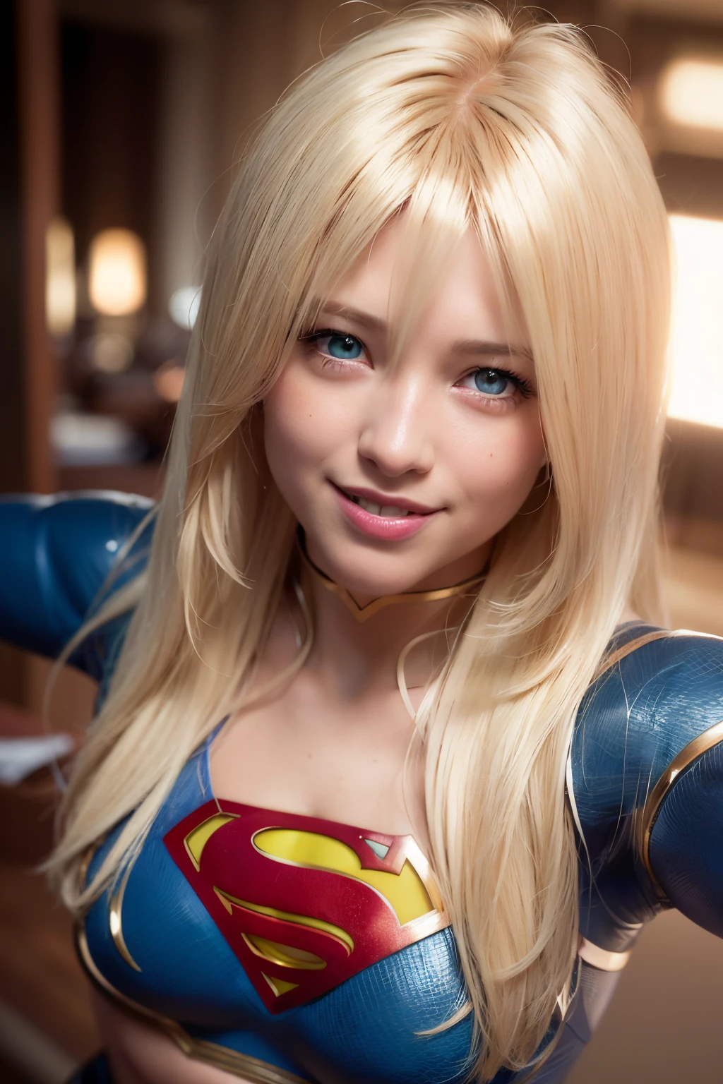 detail face, best quality, ultra high res, (photorealistic:1.4), ((detailed facial features)), 8k resolution, Supergirl from DC Comics, 1girl, (blonde hair:1.3), (much hair:1.3), (detailed hair:1.2), (bangs:1.2), (detailed eyes:1.2), thin eyebrows, (smiling:1.3), perfect body, curvy body, medium breasts, (bar:1.4),(dark night:1.5), flying.