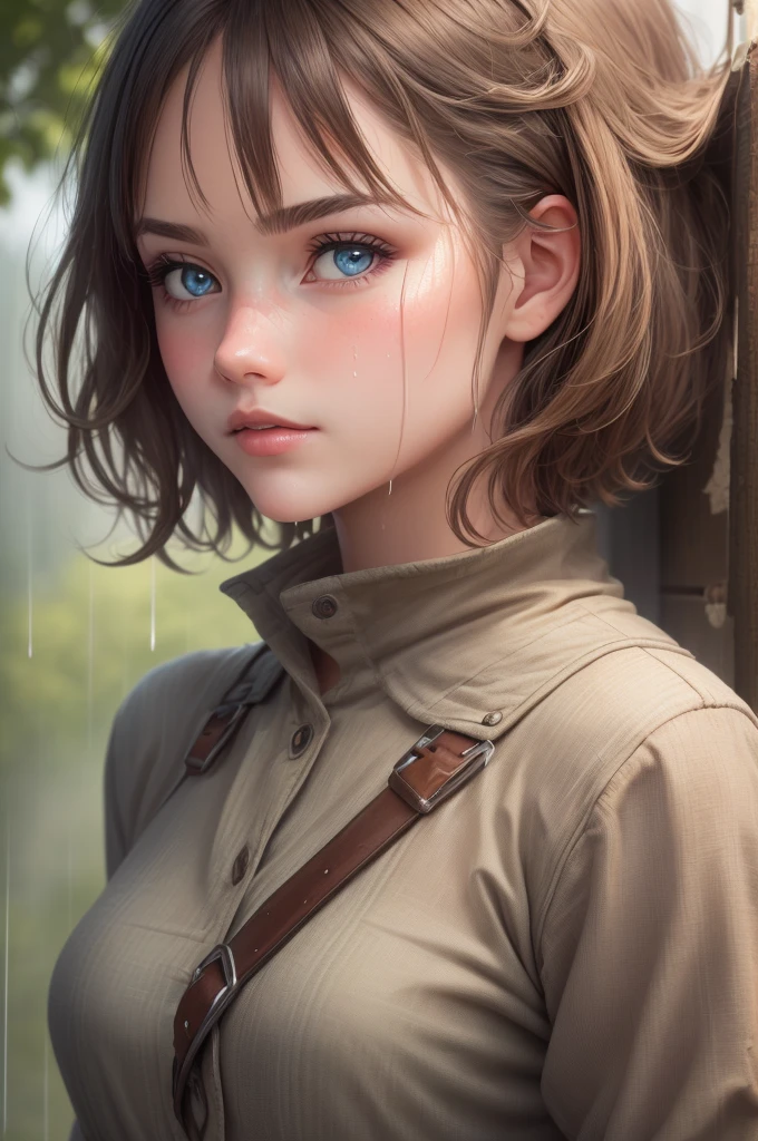 realistic farm girl， adolable， short detailed hair， depth of fields， A high resolution， ultra - detailed， finedetail， extremely detaile， extremely detailed eyes and face， Sharp pupils， realistic pupil， tack sharp focus， cinmatic lighting，Get wet in the rain