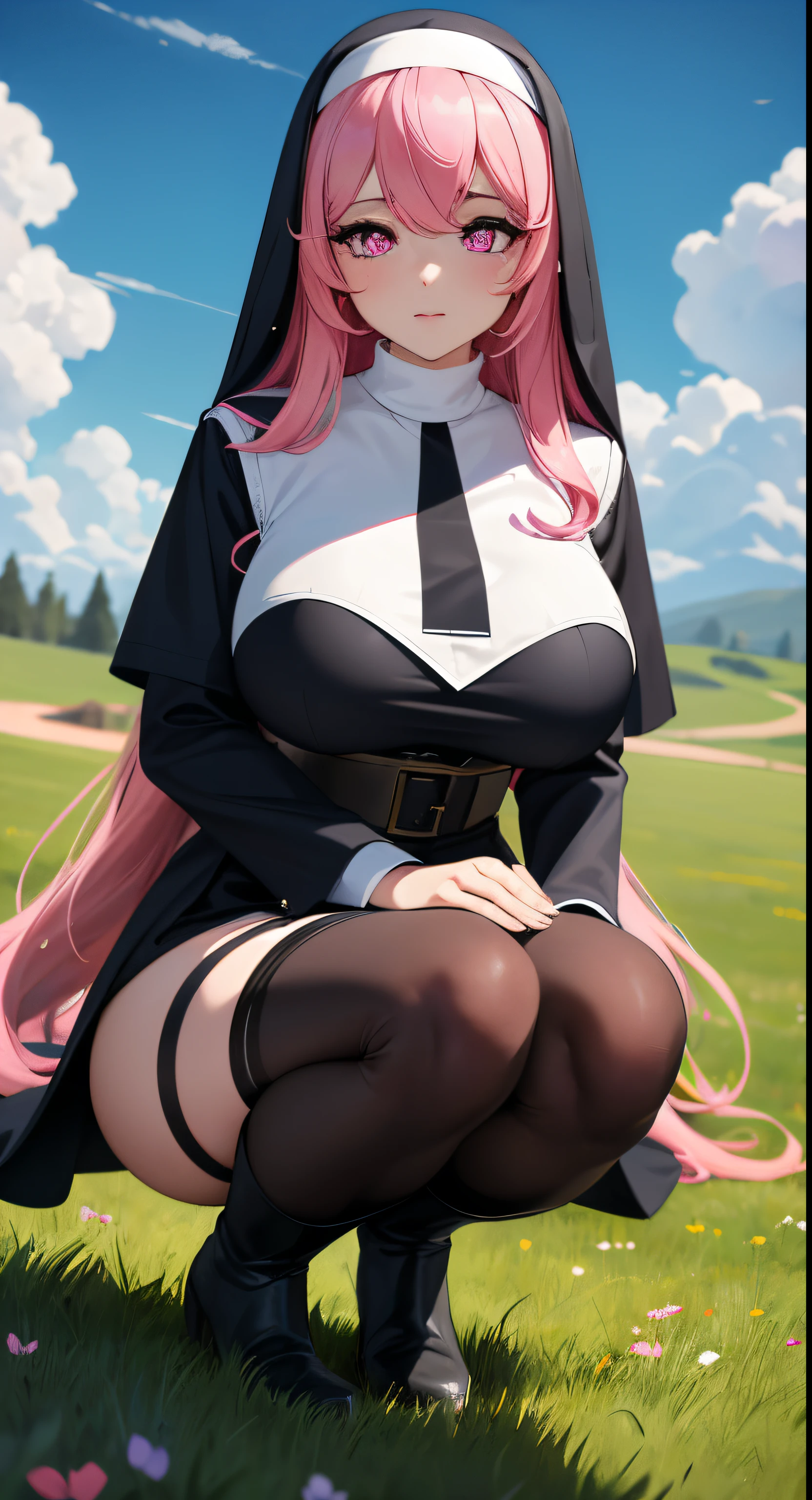 Best quality at best, tmasterpiece,Best quality at best,offcial art,Extremely detailed 8k wallpaper, Cloudy, On a meadow,, lewd nun, Hair over the shoulder, with pink hair,, heart - shaped pupils, a pink eyes, eyes with brightness, huge tit, bouncing breasts, black pantyhoses,Over-the-knee boots,