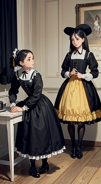 black puritan gowns from 1700, yellow petticoats, grey stockings, undressing:1.3