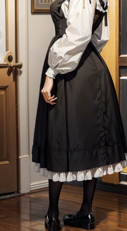 black puritan gowns from 1700, yellow petticoats, grey stockings, undressing:1.3