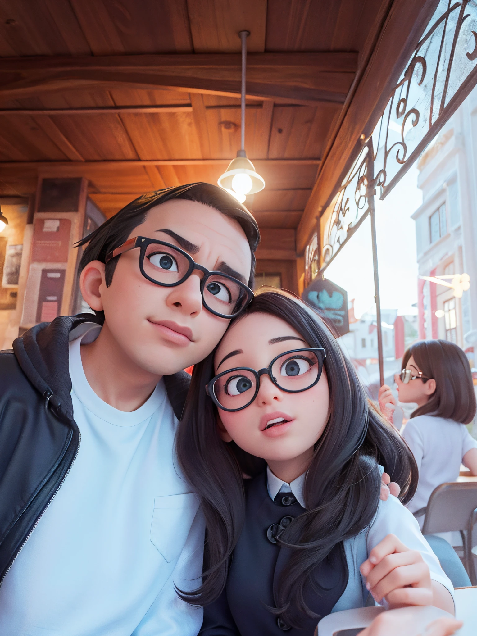 Girl wear white shirt and white glasses boys from back of the girl hug her wear a black tshirt