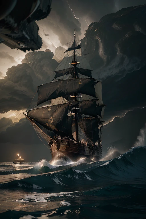 ((Old damaged Spanish galleon hit by a huge wave in the middle of a terrible storm)), aged and worn out nautical sails, in the middle of a monumental storm, night scene, darkness, dark and suspenseful image