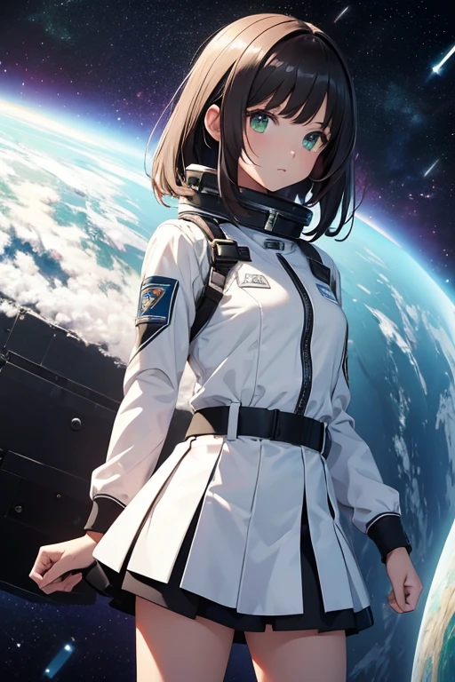 1 girl standing in space, planet in background, white uniform with short skirt, looking into distance, dark hair, beautiful face, beautiful green eyes, dark hair, high res, masterpiece