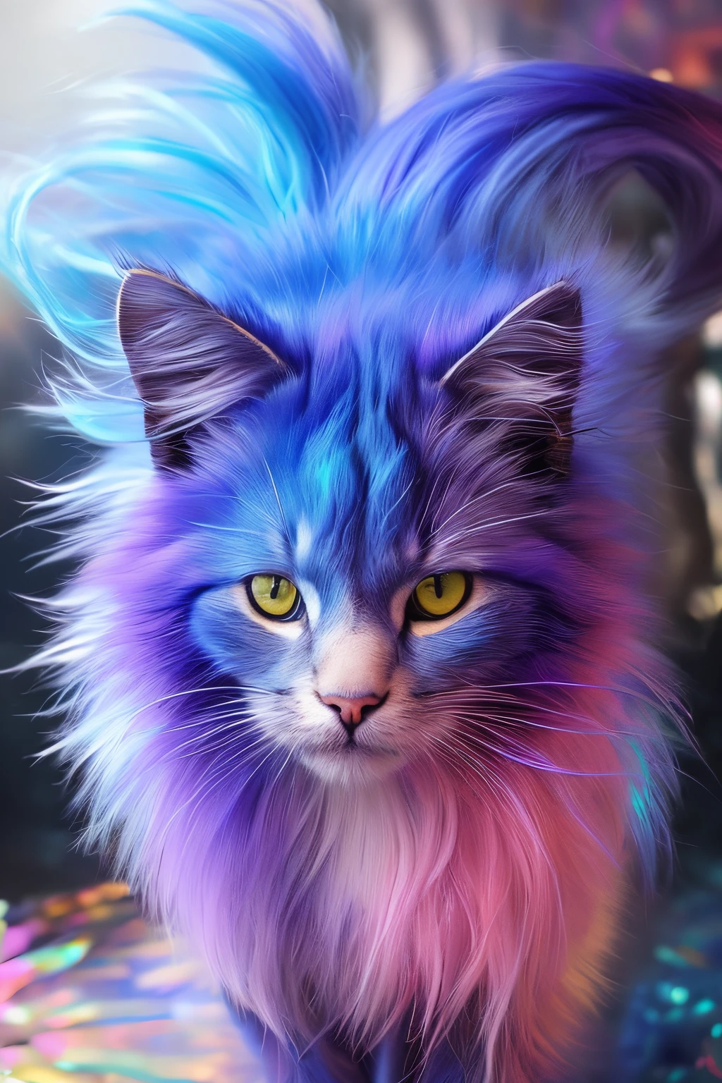 painting of a cat with a purple mane and a blue mane, realistic cat, glossy digital photoshot, made entirely from gradients, neon hooves, gorgeous digital photografy, pearlescent fur, holographic, stunning digital painting, background artwork, beautiful digital painting, beautiful cat, iridescent. fantasy, illustration iridescent, holographic creature