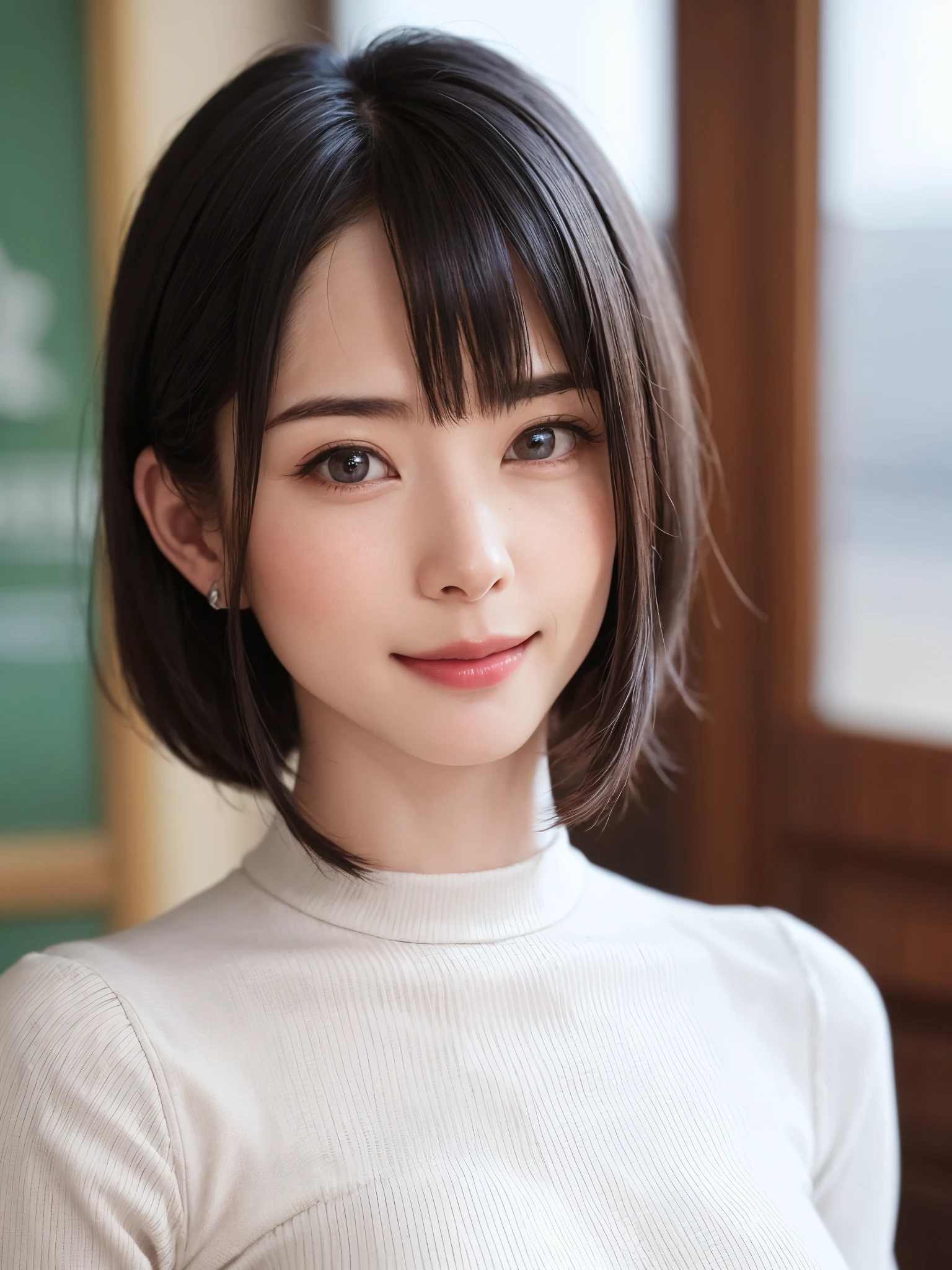 (masutepiece, top-quality、Very attractive adult beauty、Add intense highlights to the eyes、Look firmly at the camera:1.4、Beautiful woman full of adult charm、Ideal ratio body proportions、Perfect Anatomy、Brunette Short Bob Hair、Lustrous hair、lipgloss),1girl in, 独奏, Light brown shiny hair, muffler,realisitic, looking at the viewers、Tilt your head slightly, Bright colored crystal light blue eyes, short shiny hair、 White turtleneck outfit with a hole in the center of the chest,Sexy white turtleneck knit sweater with a round hole in the middle of the chest、 s lips, lipgloss，bangss, The upper part of the body、big eye、Lashes、The face is a little red、Embarrassing)、((Road system in Italy in winter))、((Shorthair with bangs、big eye、Put very strong highlights in your students、{Gigantic|Big|Huge|Mega} breasts:1.4、very Bigger breasts、gazing at viewer、Very beautiful beauty、Put your ears out、long neck、little smiling、Beautiful teeth、Open your mouth and smile、Heart-shaped pupil))、28 year old、Very cute supermodel、